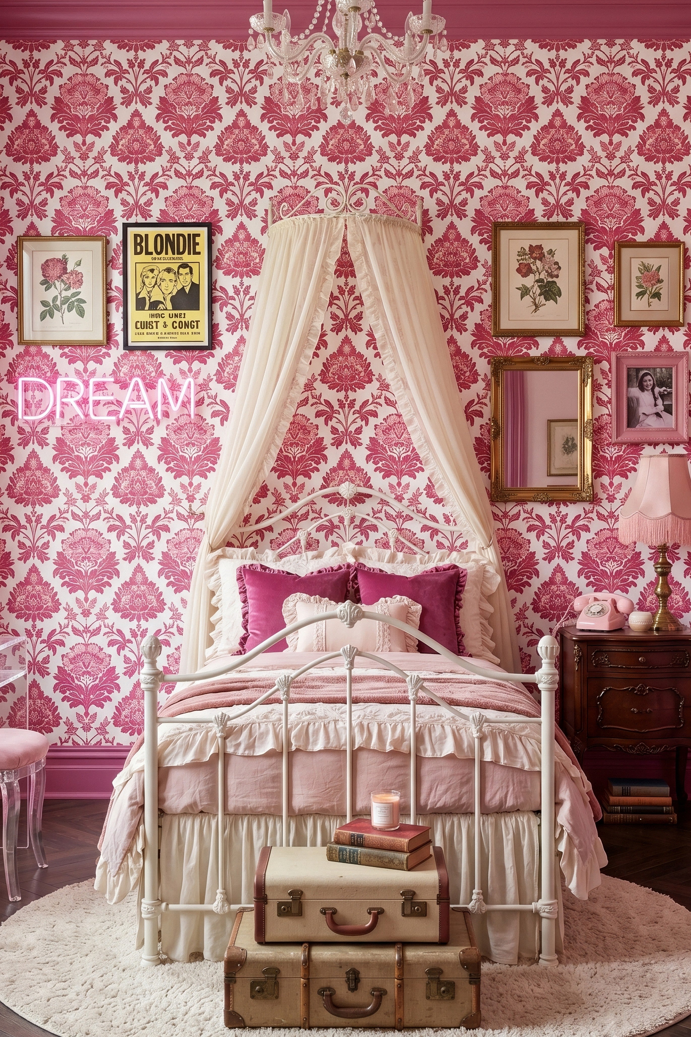 Dollhouse wallpaper shown in a bedroom