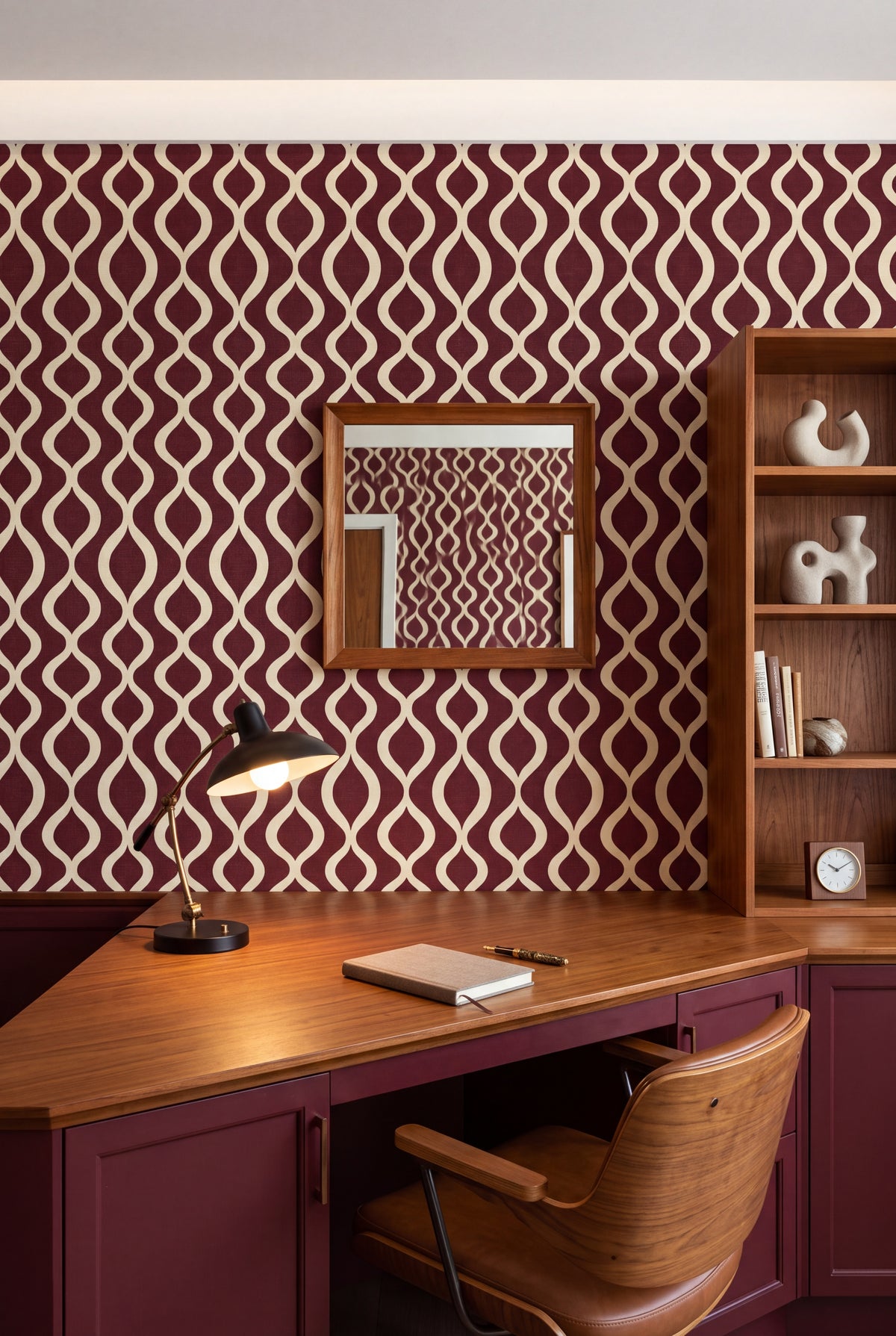 Claret Pendulum wallpaper shown in a home office