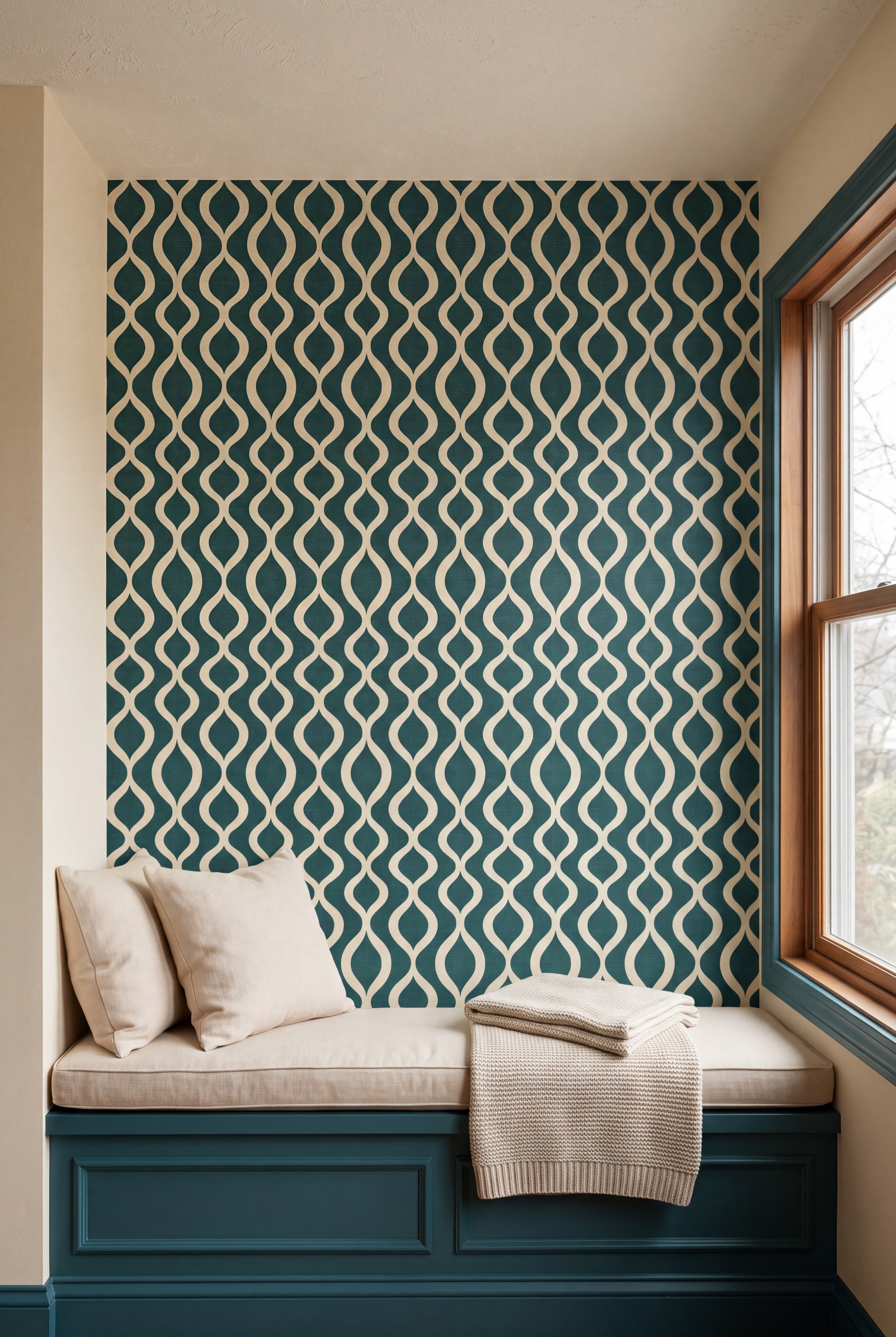 Lagoon Pendulum wallpaper shown in a window seat alcove