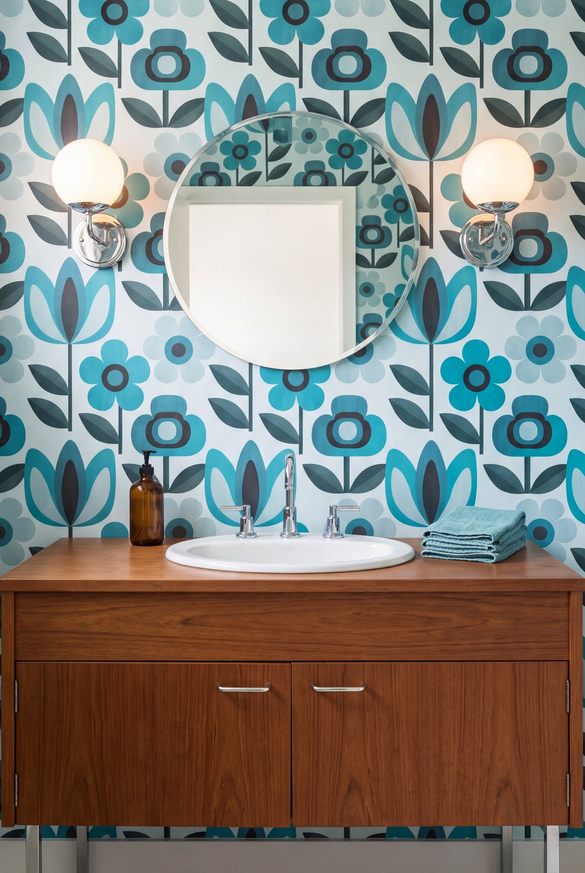 Aqua Daisy wallpaper shown in a powder room