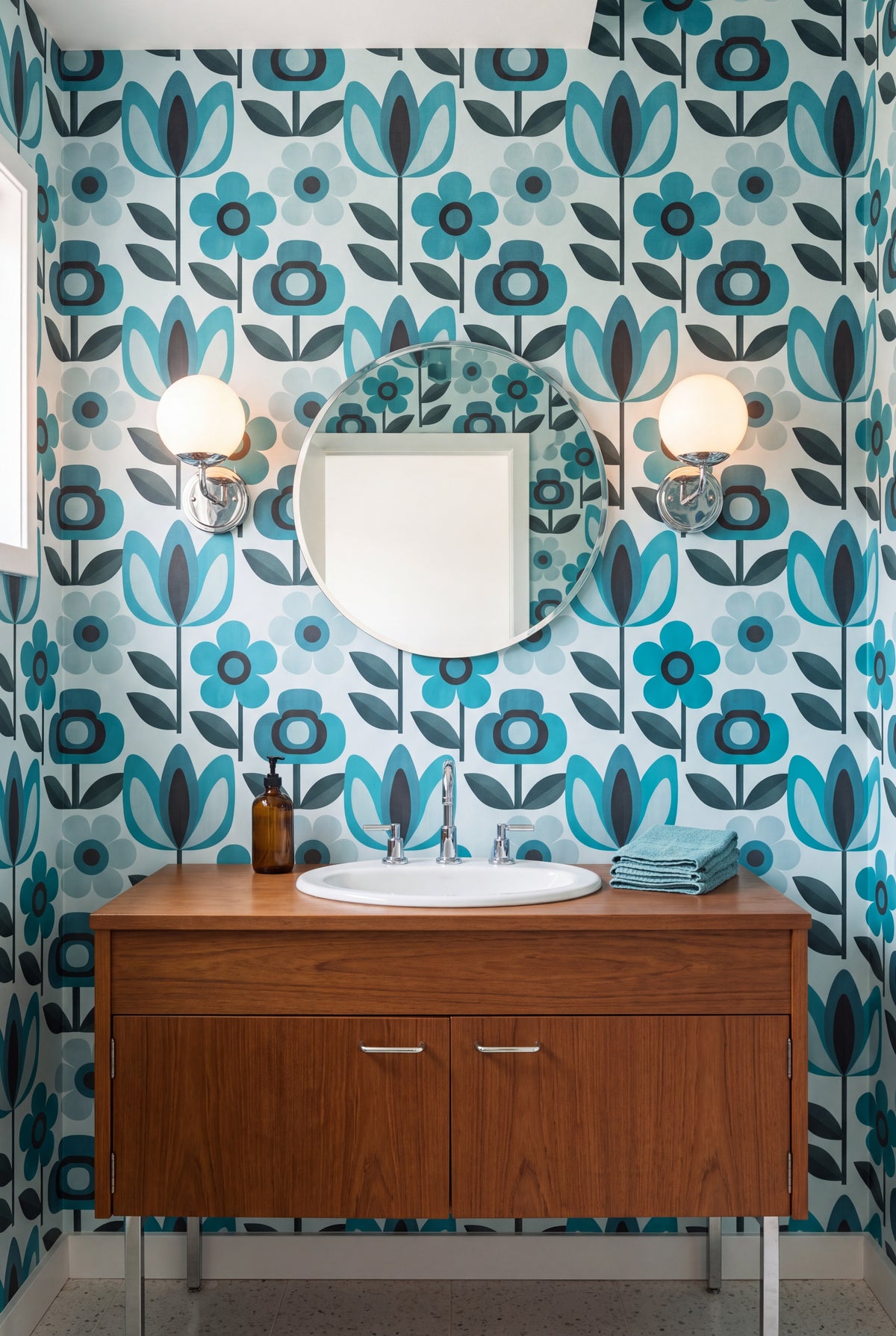 Aqua Daisy wallpaper shown in a powder room