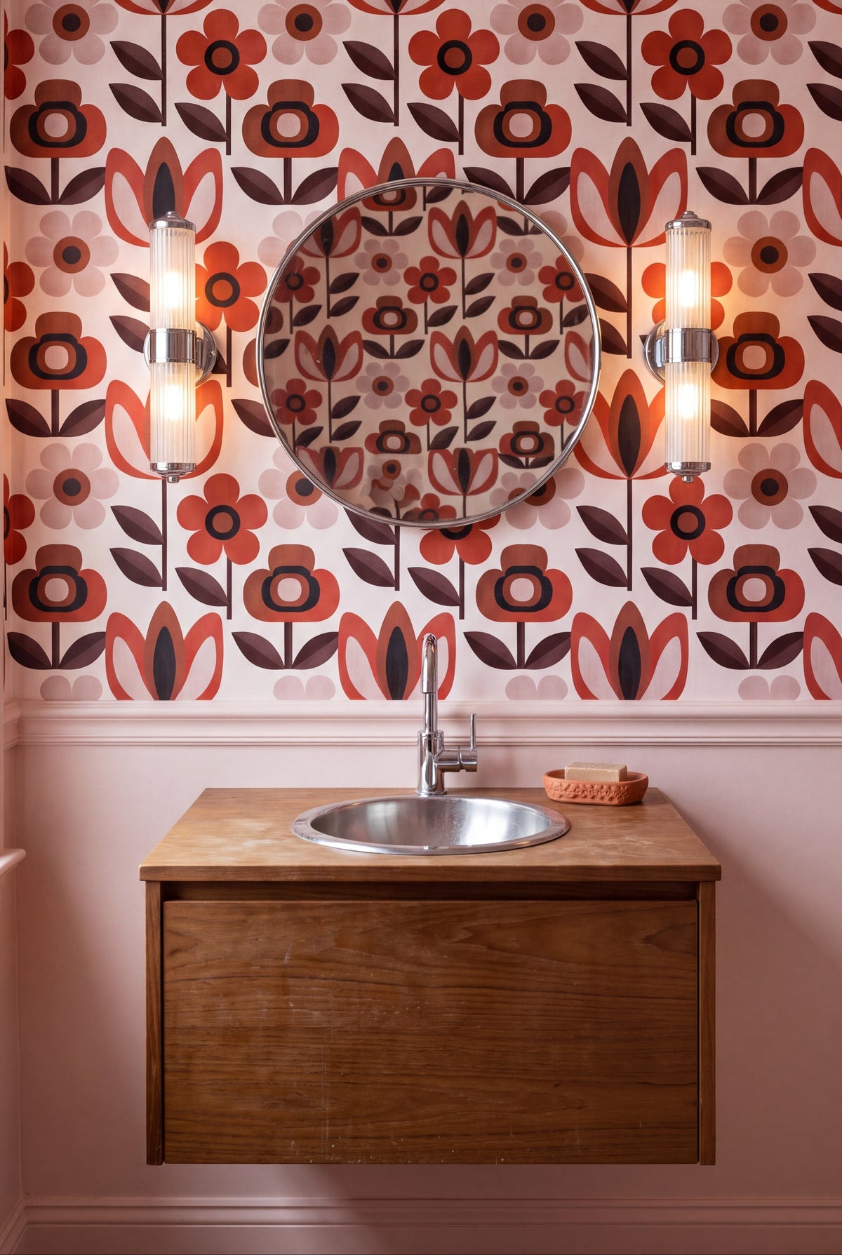 Scarlet Daisy wallpaper shown in a powder room
