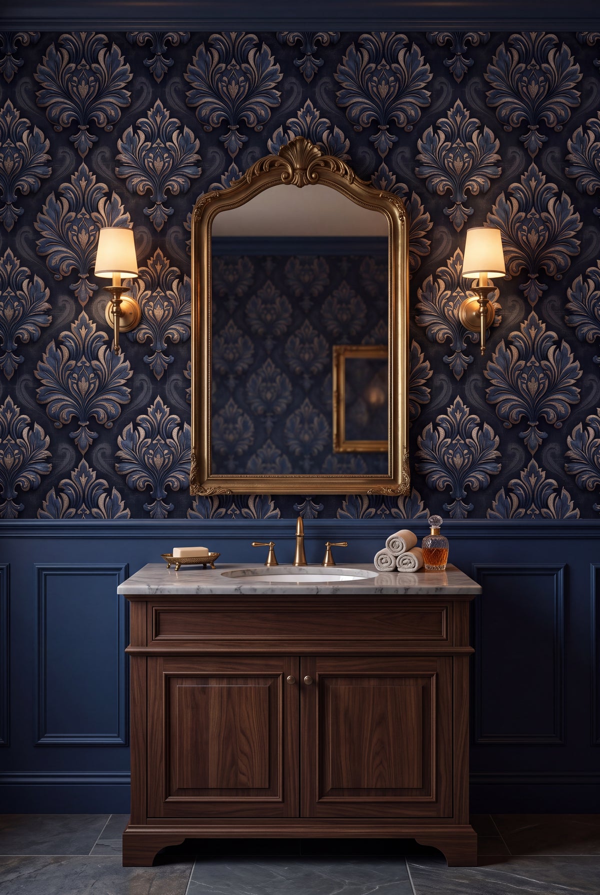 Sapphire Damask wallpaper shown in a powder room