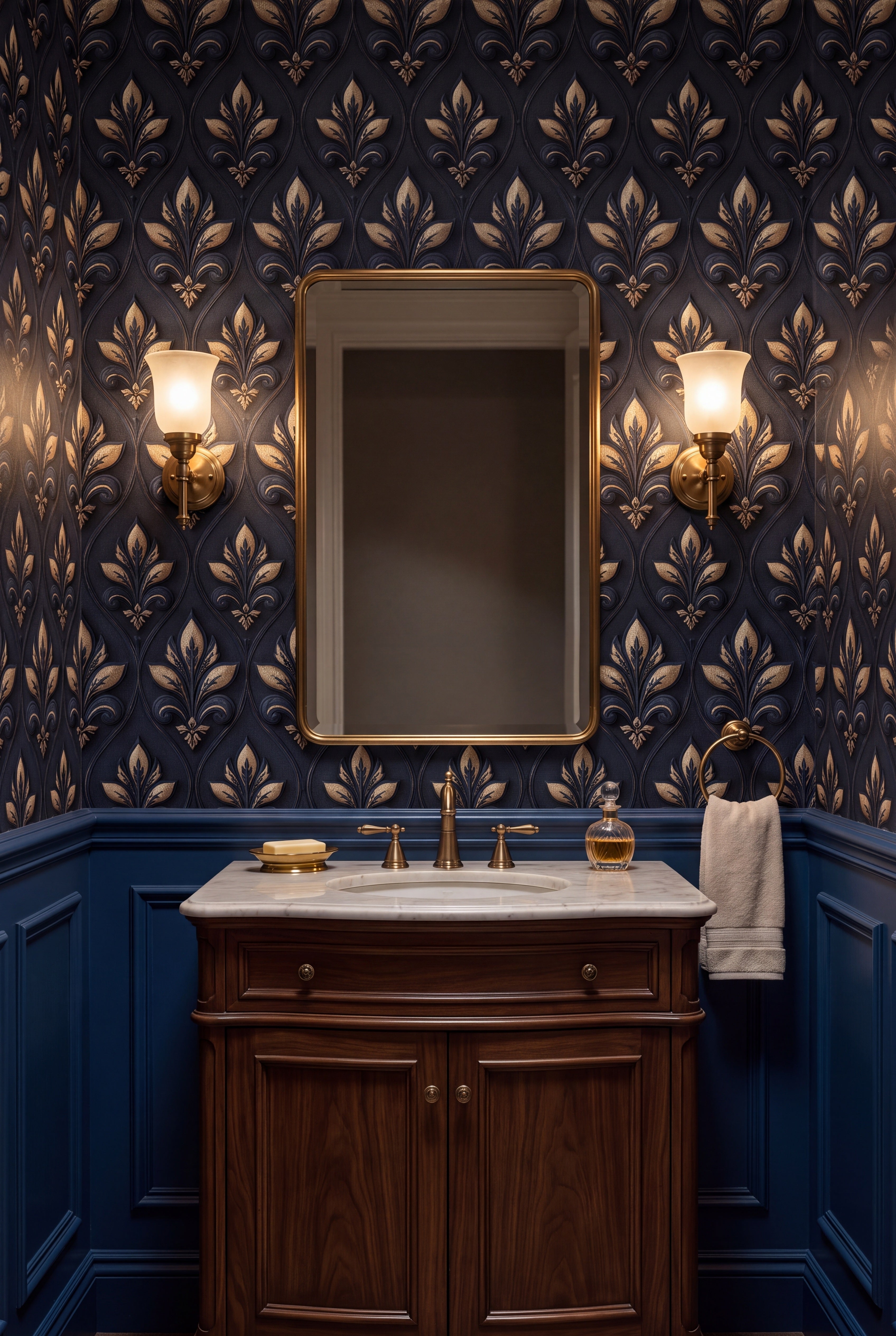 Sapphire Fleur wallpaper shown in a powder room