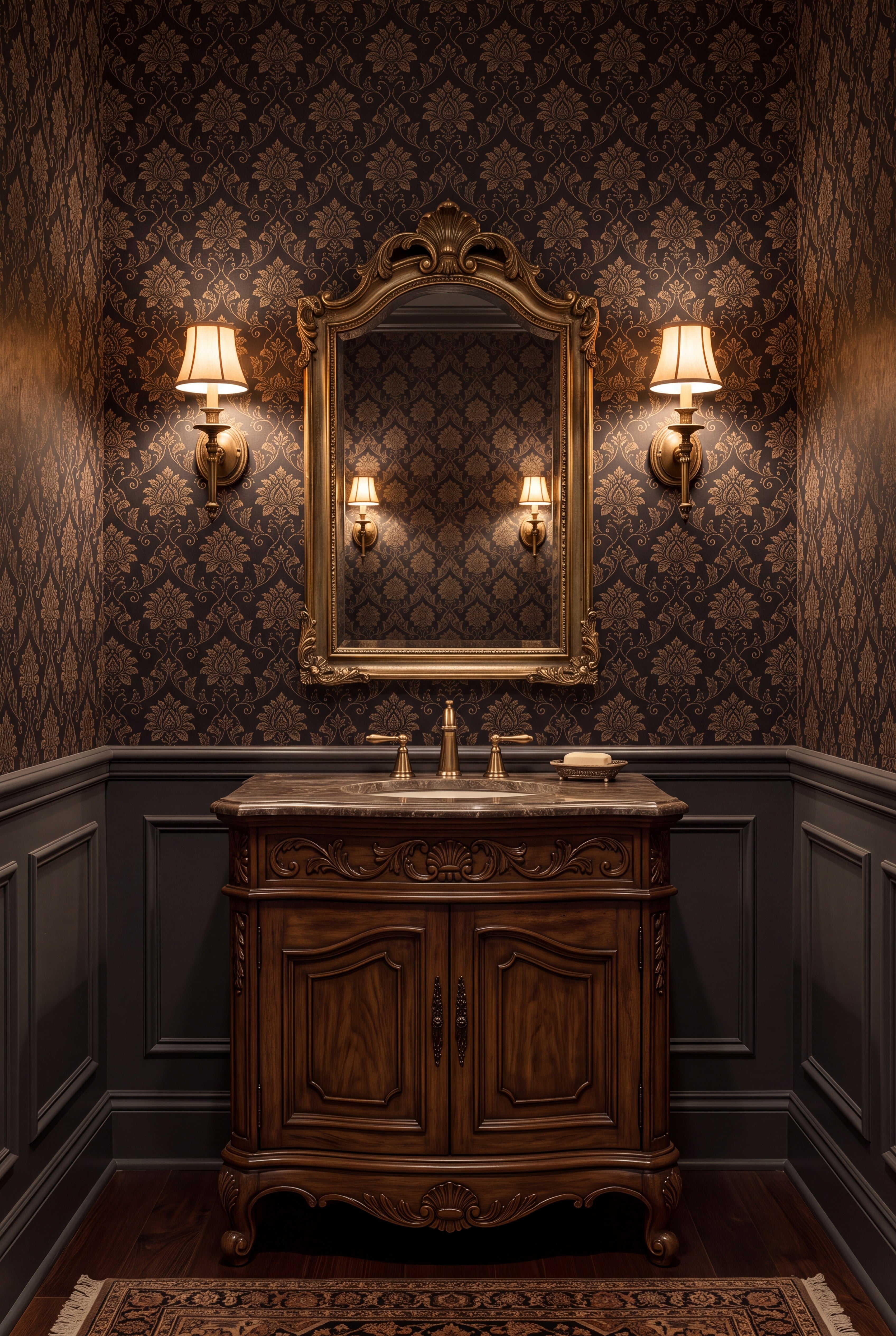 Bronze Damask wallpaper shown in a powder room