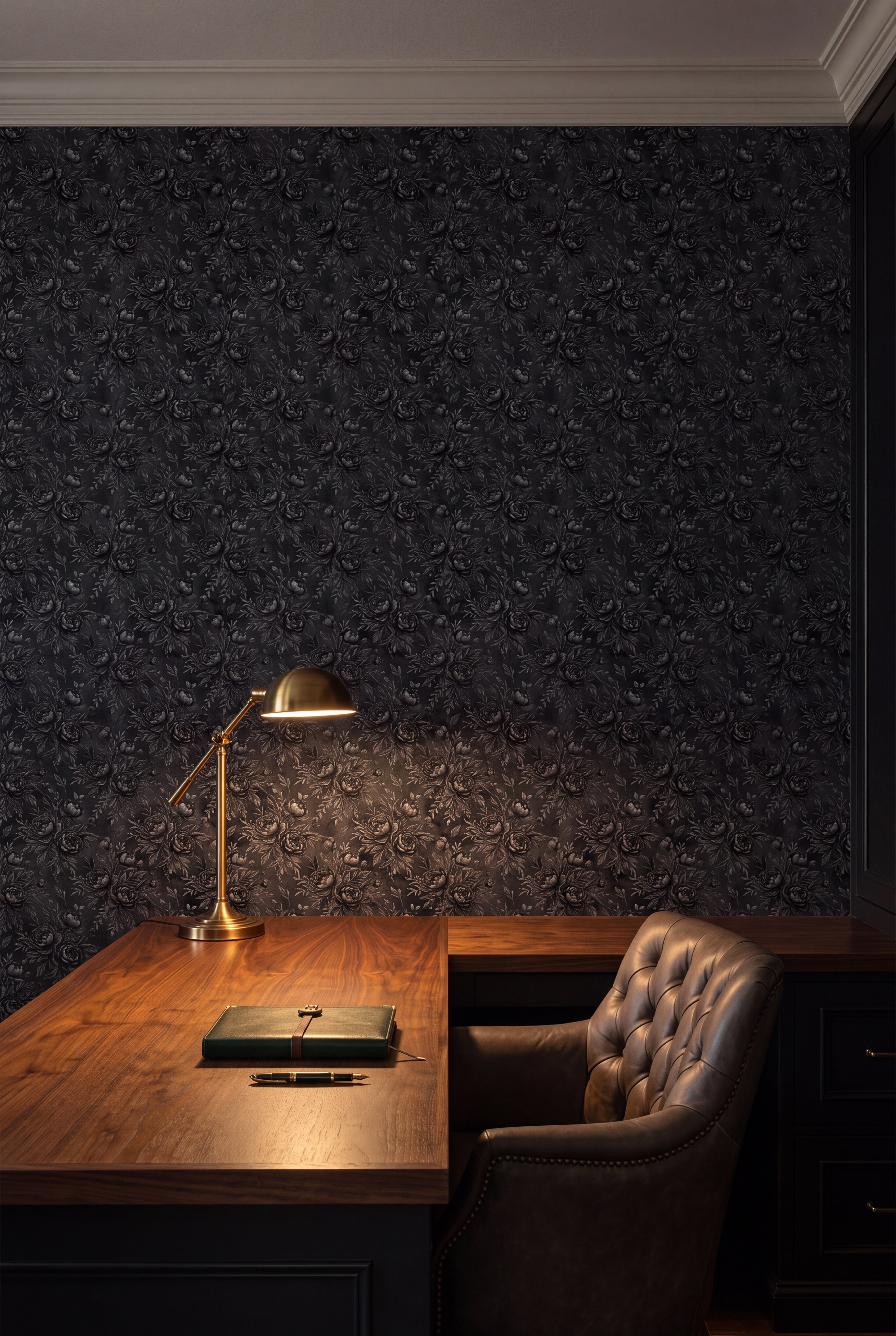Ink Rose Relief wallpaper shown in a home office