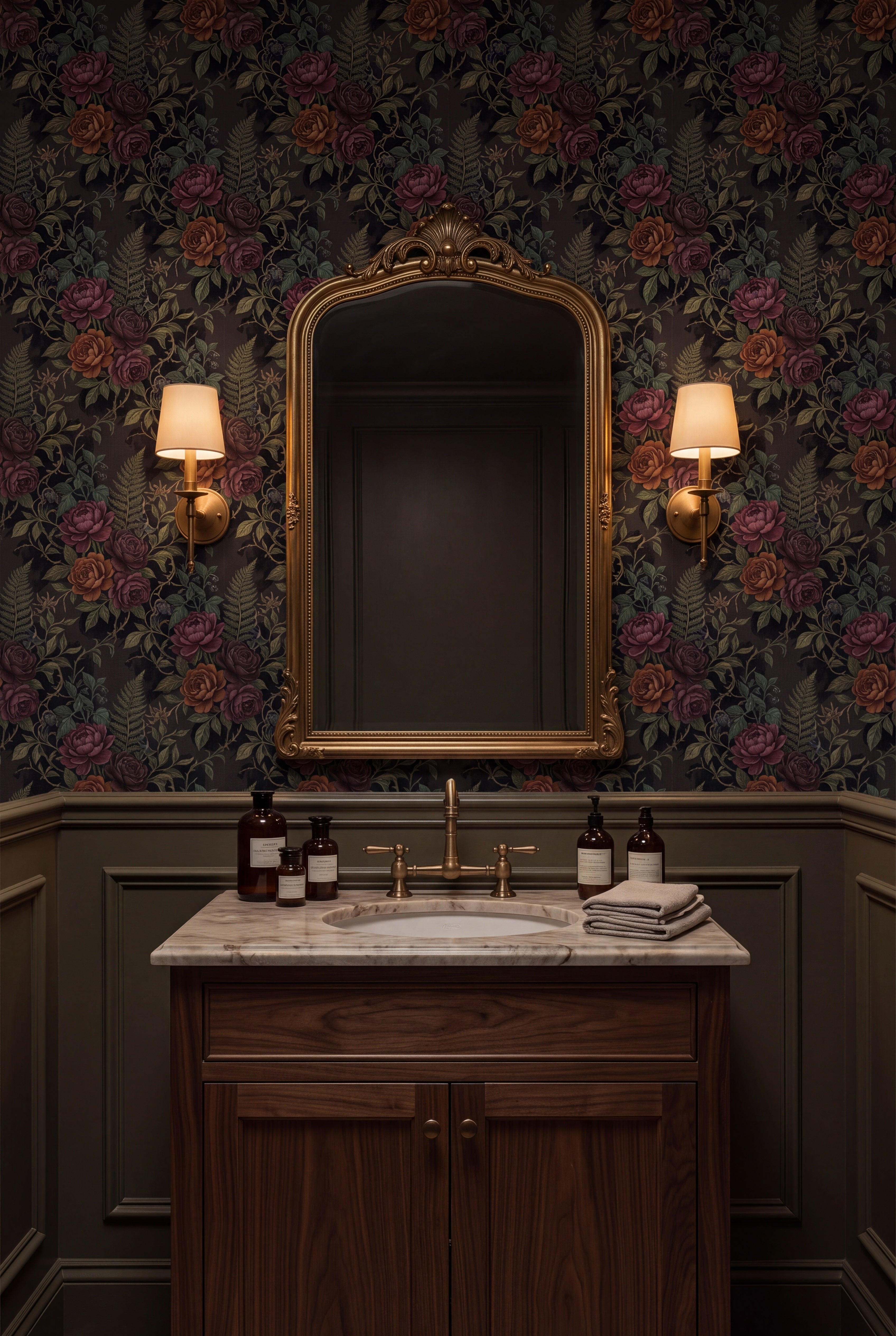 Ember Rose Fern wallpaper shown in a powder room
