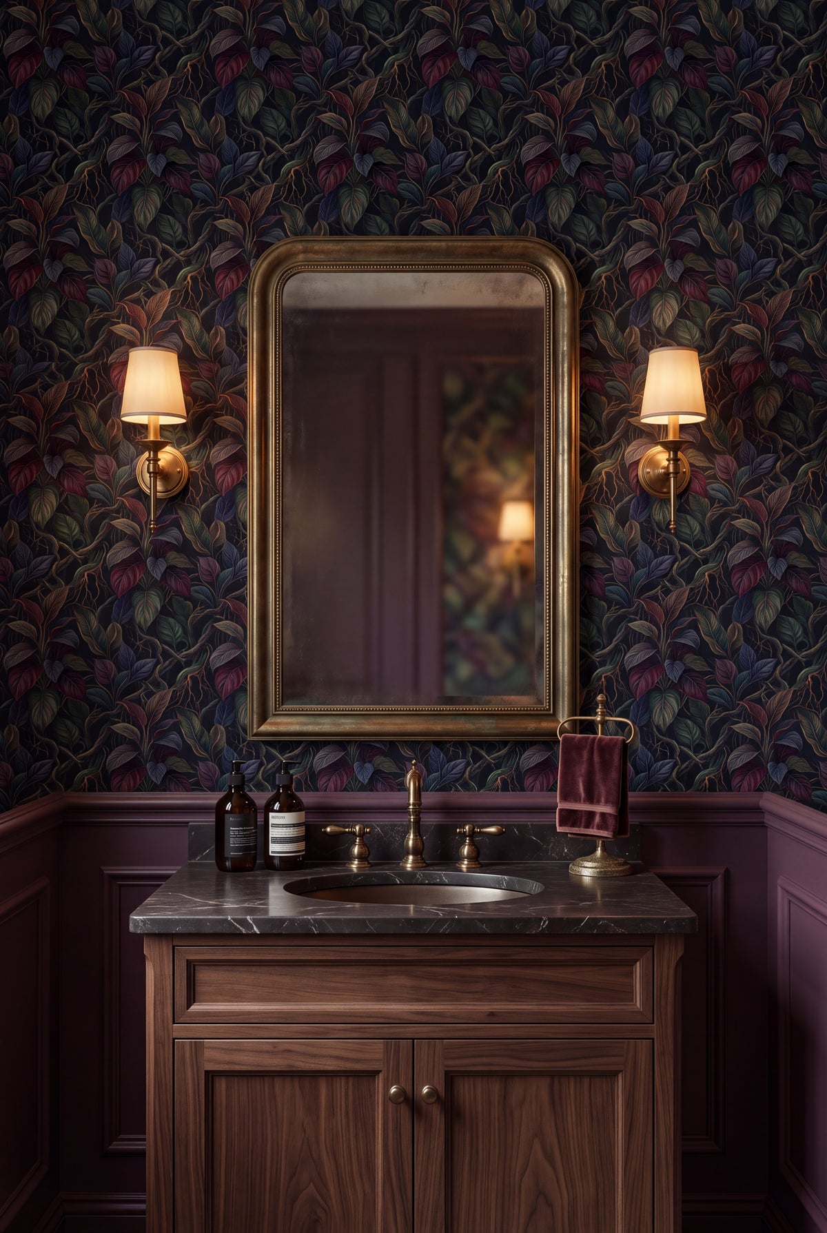 Nightvine wallpaper shown in a powder room