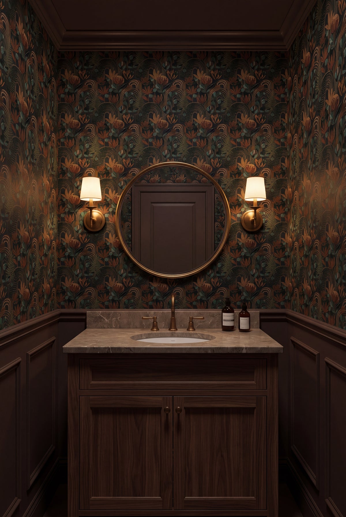 Umber Arbor wallpaper shown in a powder room