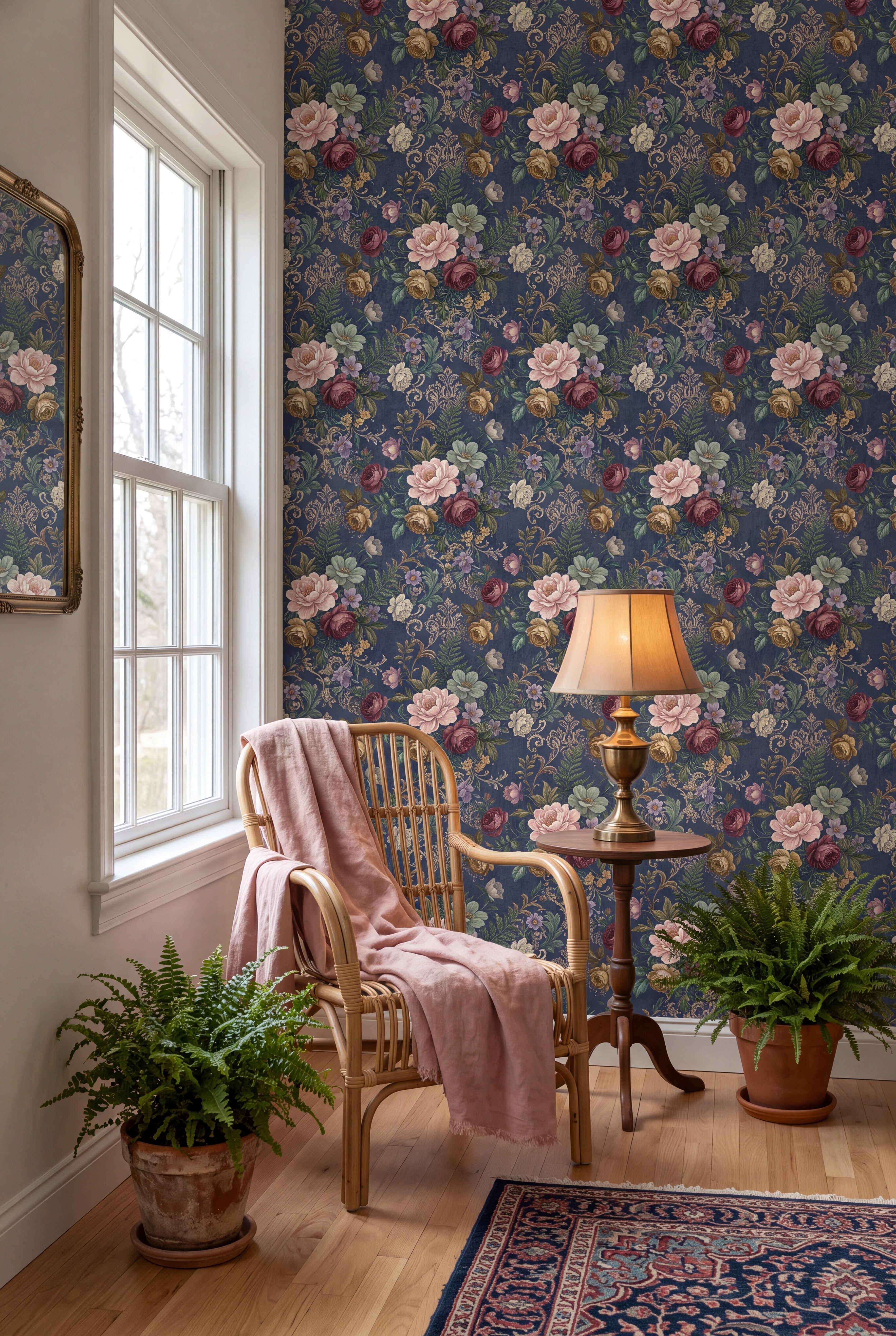 Indigo Chintz wallpaper shown in a sunroom