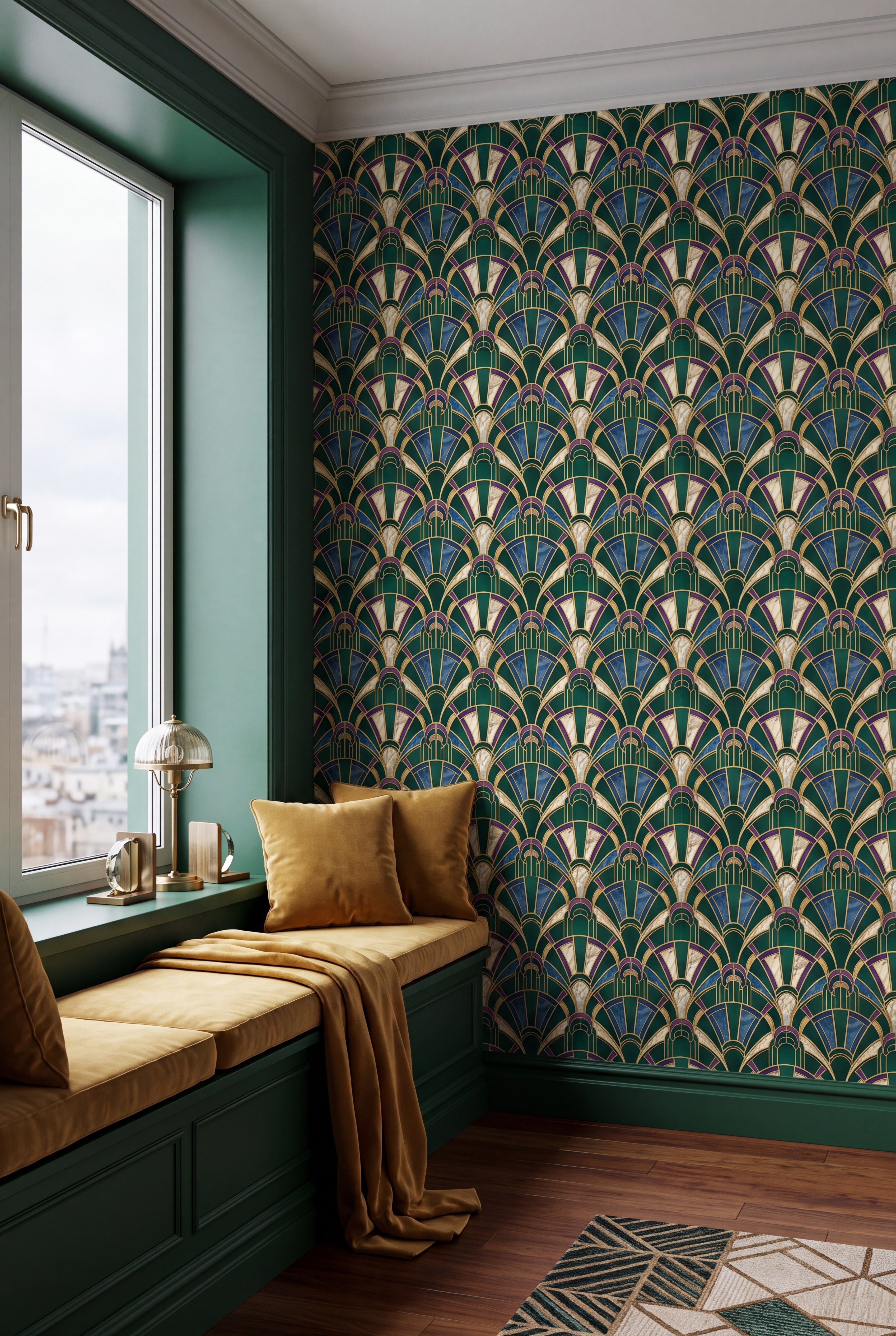Emerald Deco Fan wallpaper shown in a window seat alcove