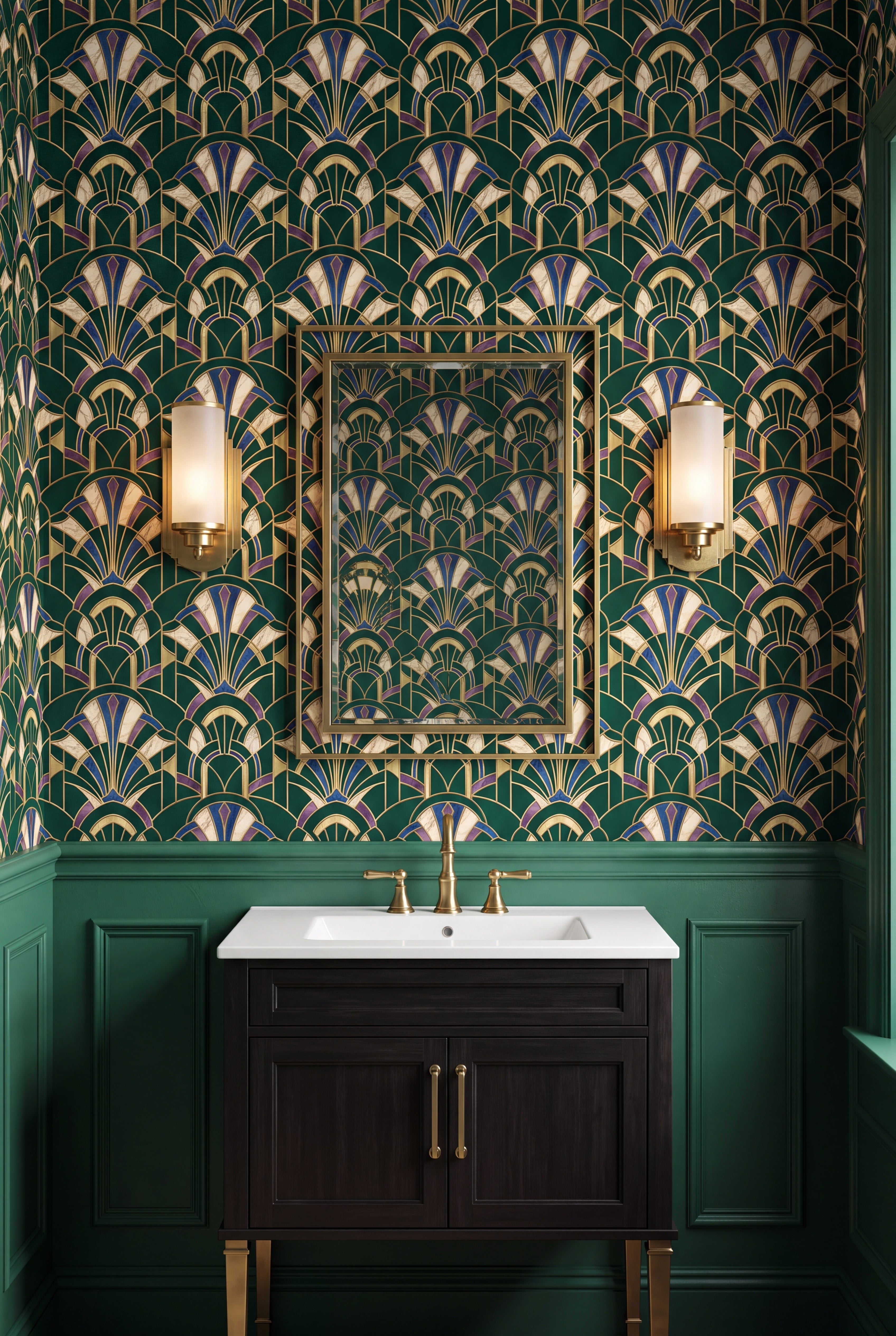 Malachite Arch wallpaper shown in a powder room