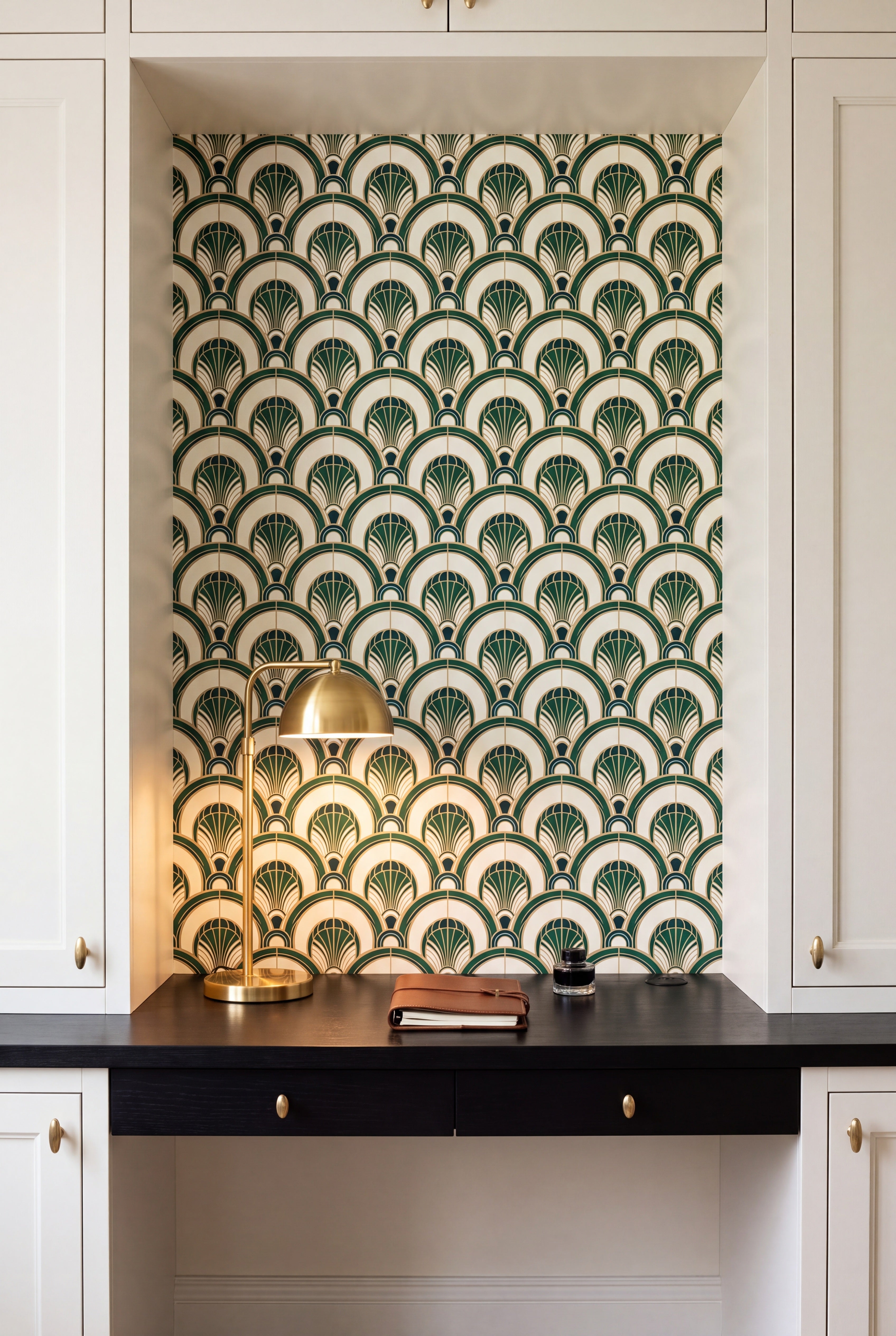 Ivory Deco Arch wallpaper shown in a home office