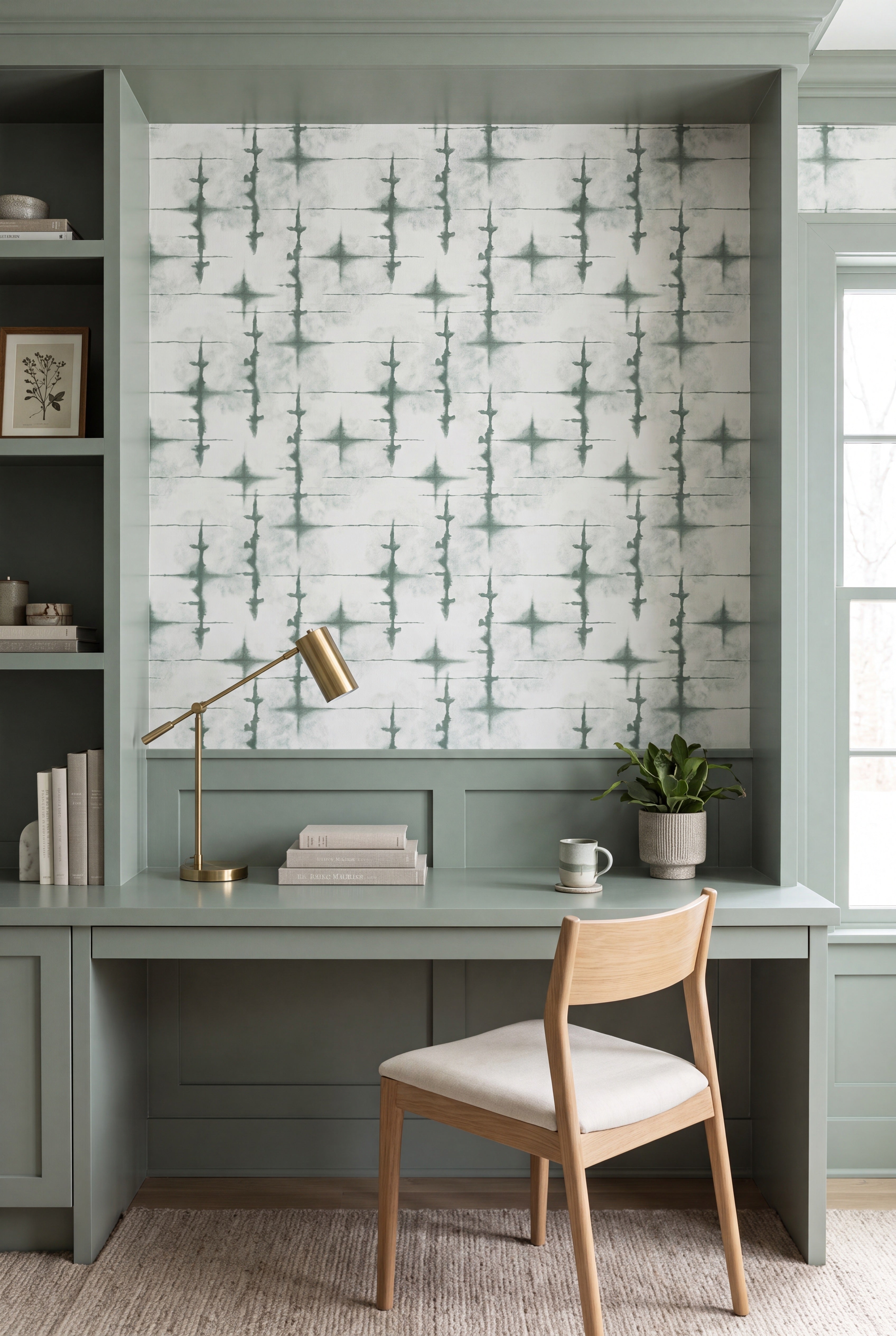 Julep Swirl wallpaper shown in a home office