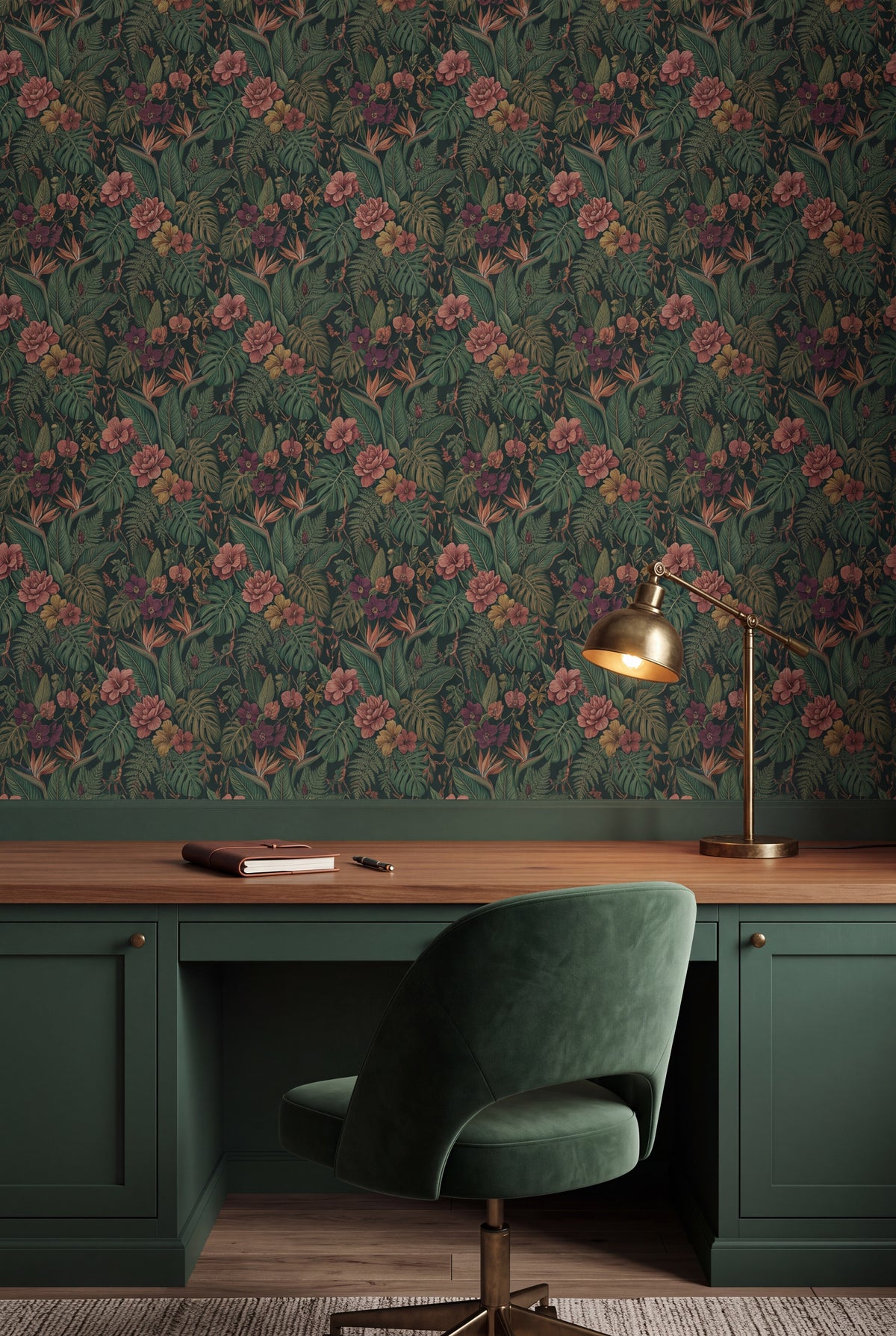 Jungle Bloom wallpaper shown in a home office