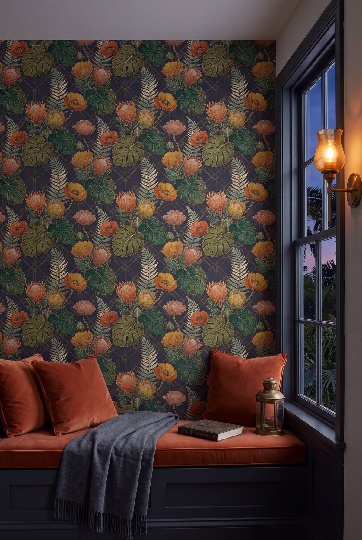 Protea Nocturne wallpaper shown in a window seat alcove