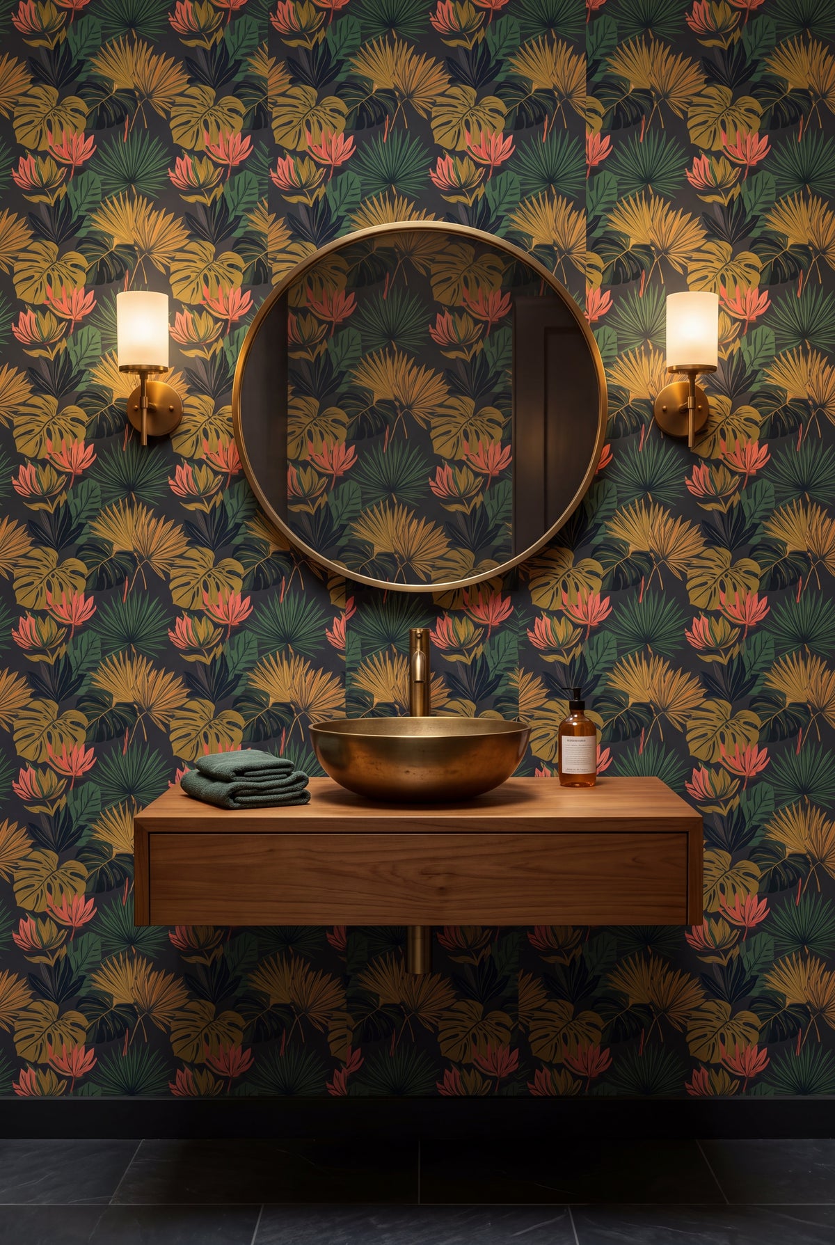 Gilded Palm wallpaper shown in a powder room