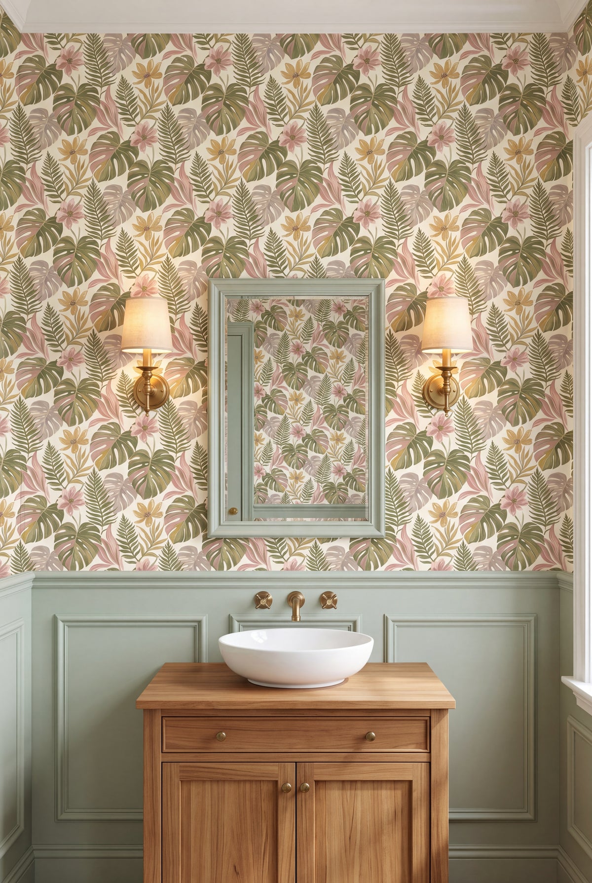 Fernwood Blush wallpaper shown in a powder room