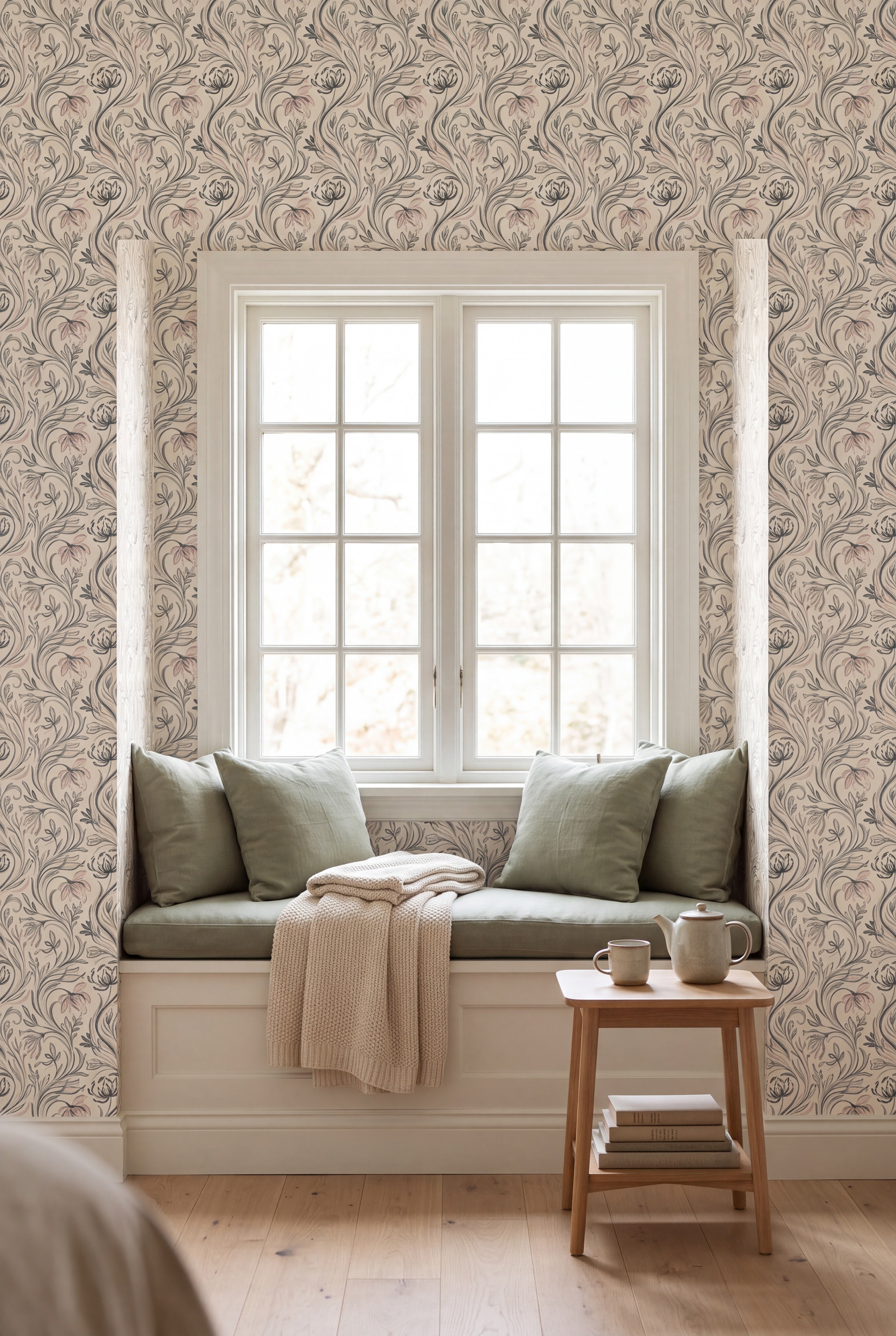 Pencil Botanical wallpaper shown in a window seat alcove