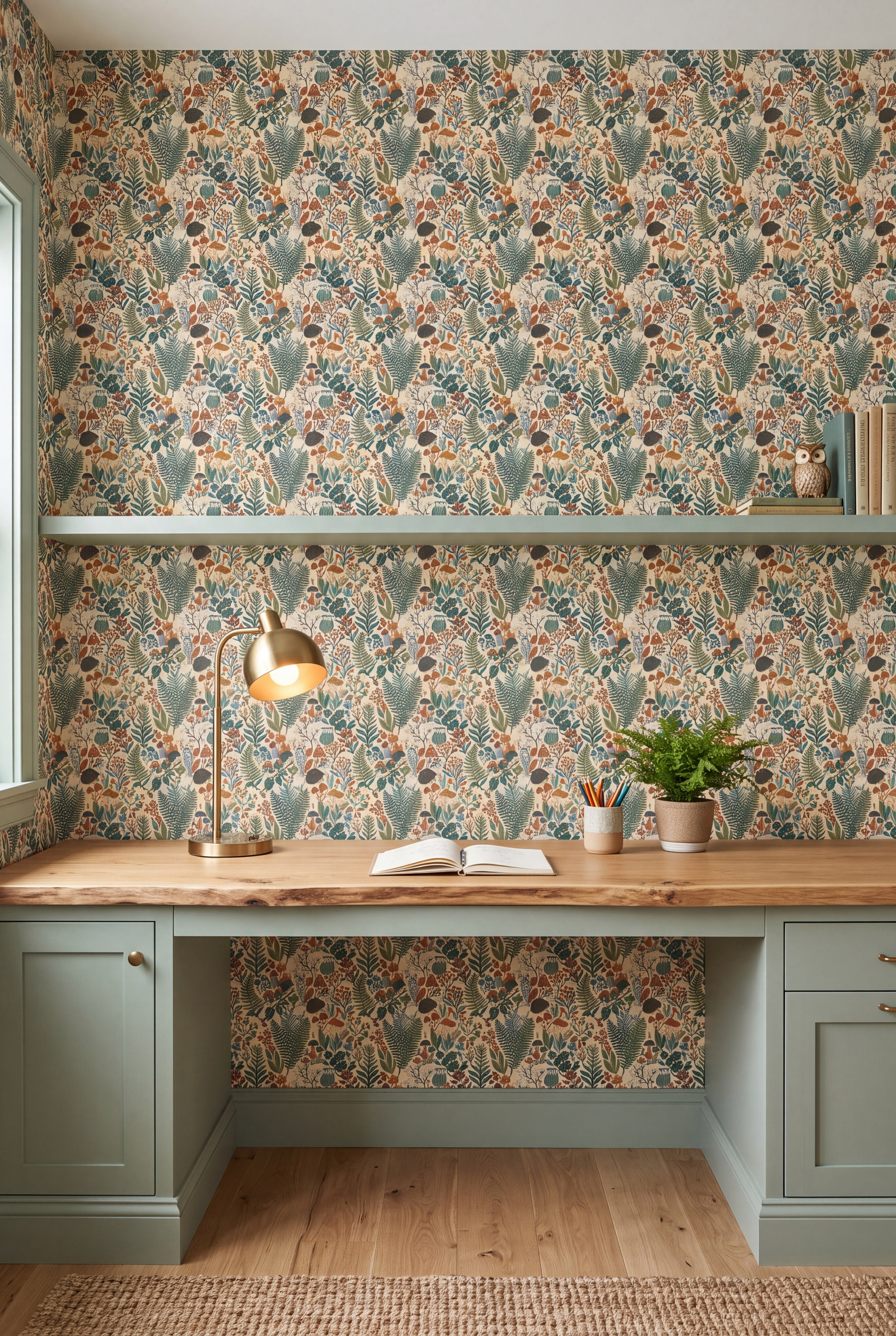 Owl Hollow wallpaper shown in a home office