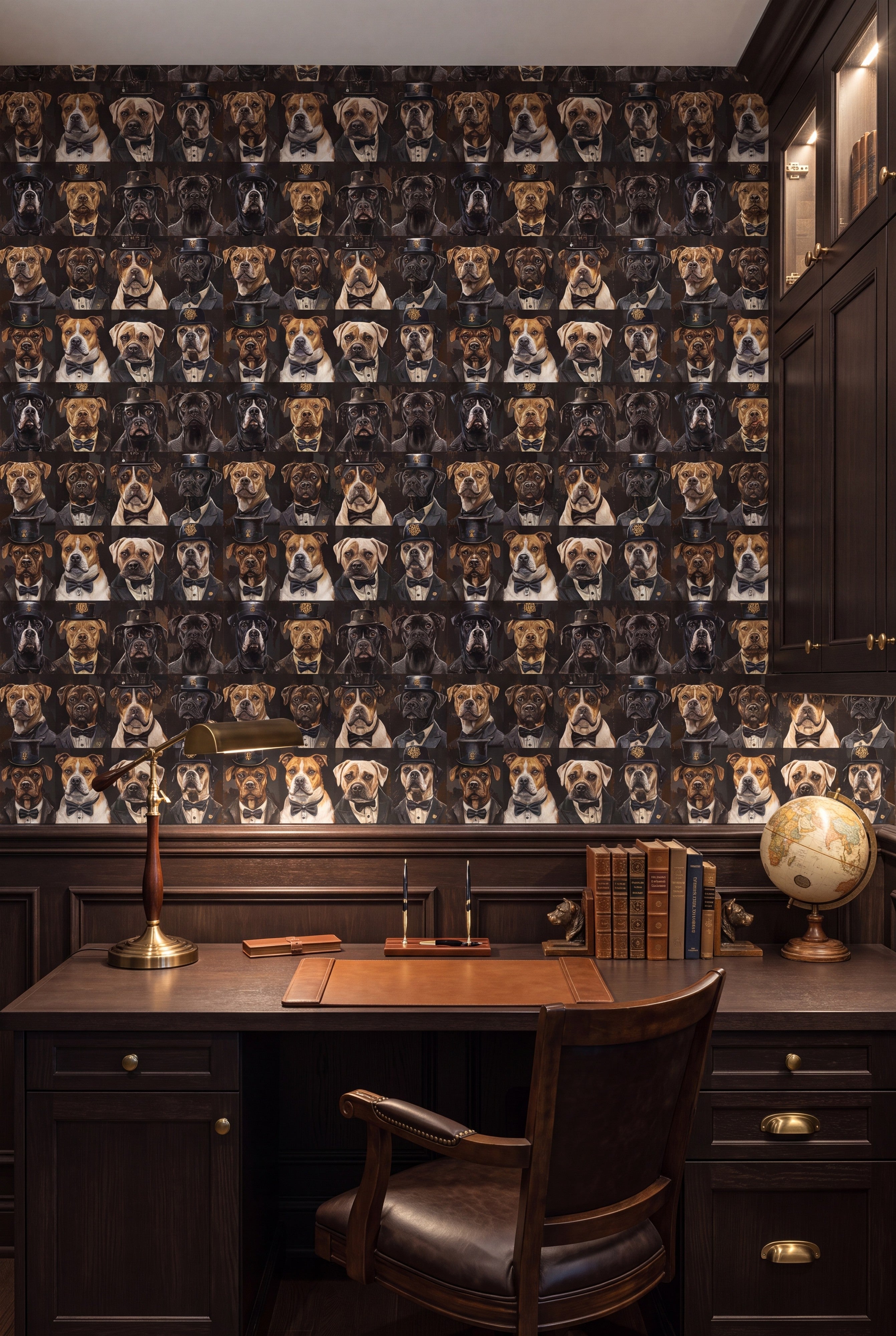 Good Boy Noir wallpaper shown in a home office