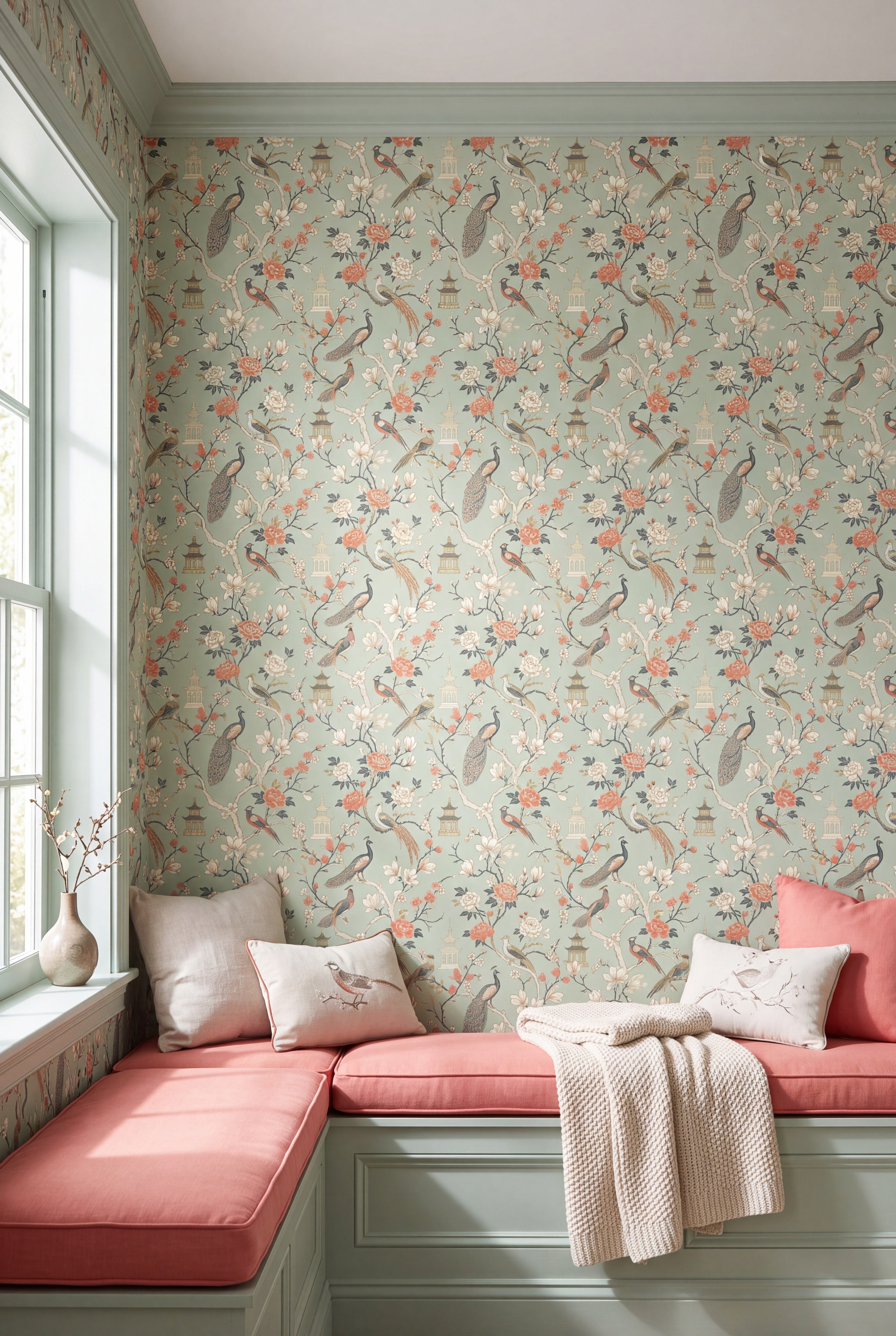Celadon Aviary wallpaper shown in a window seat alcove