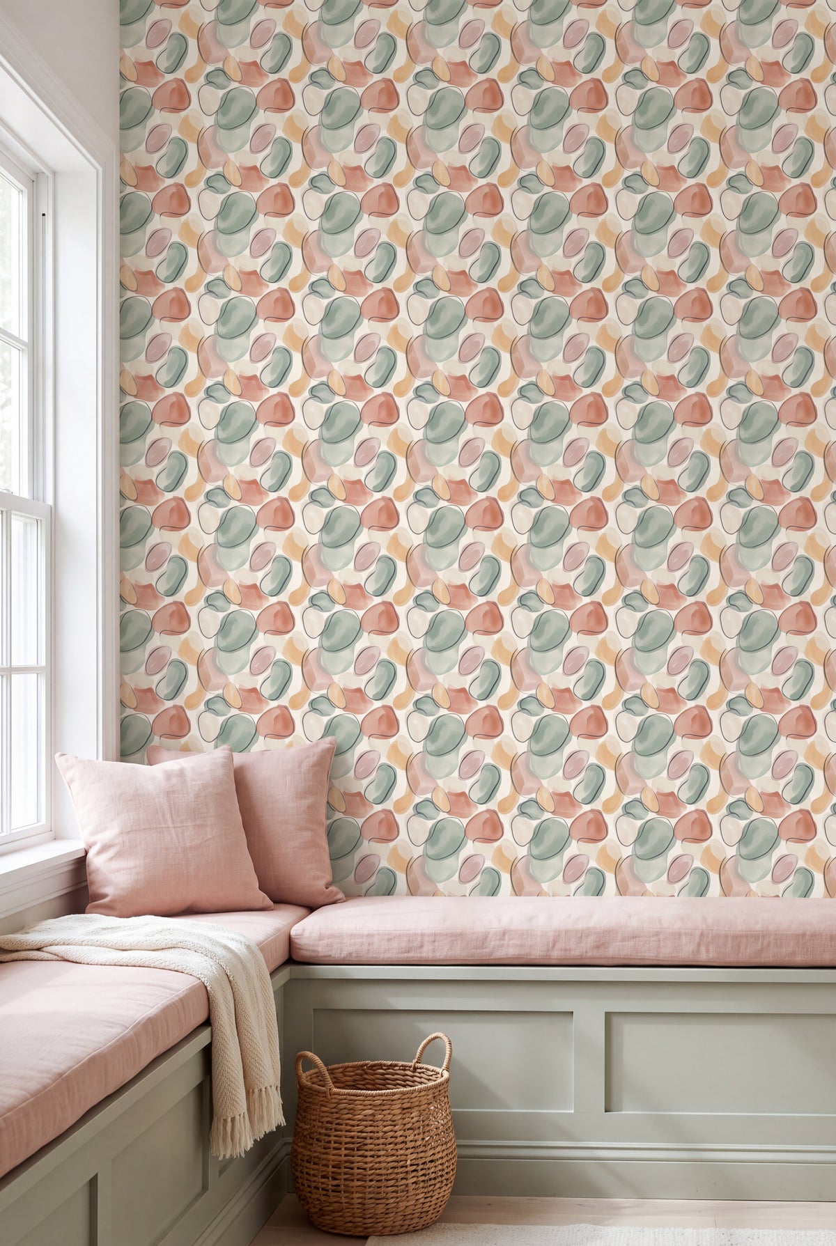 River Pebble wallpaper shown in a window seat alcove