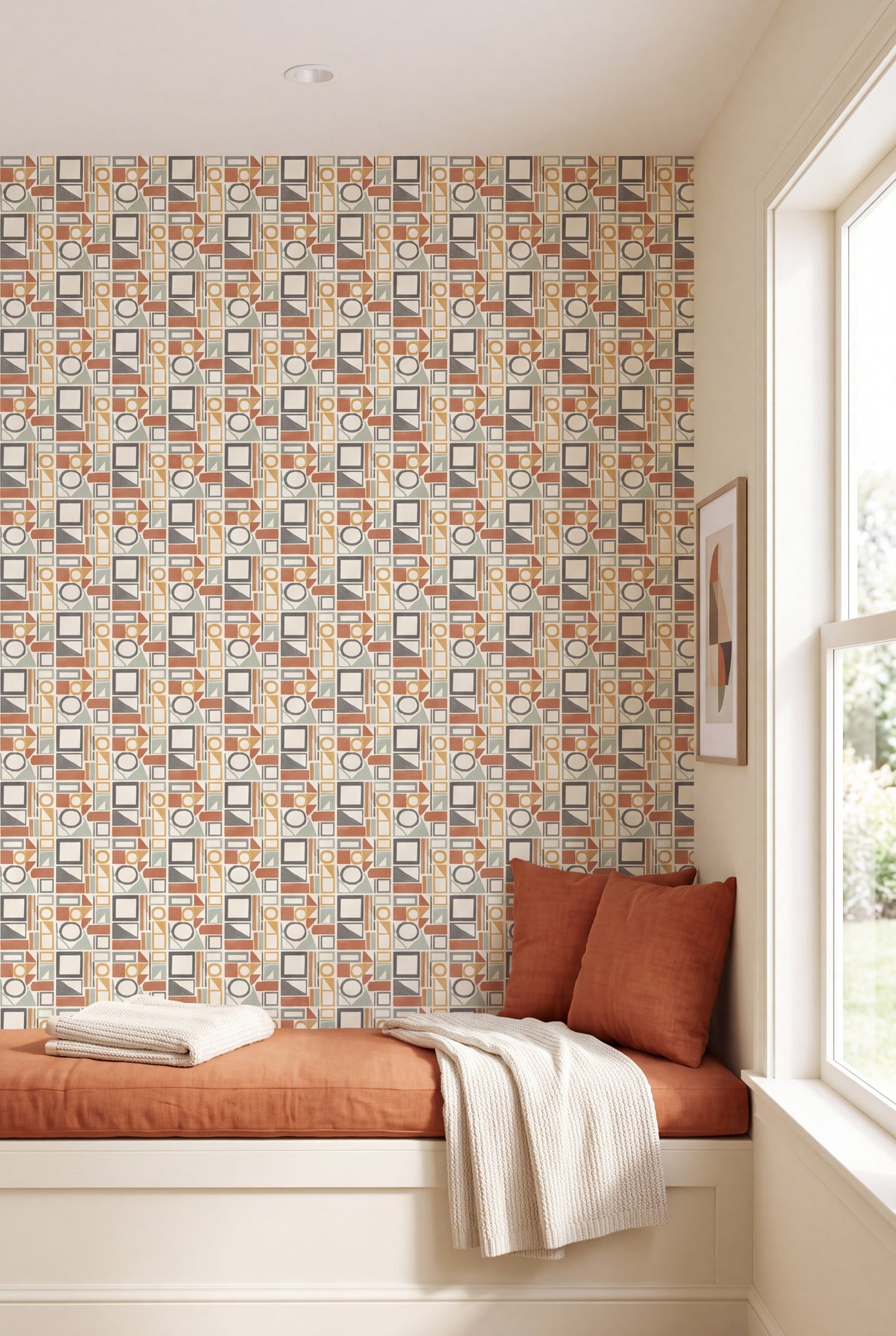 Blockwork wallpaper shown in a window seat alcove