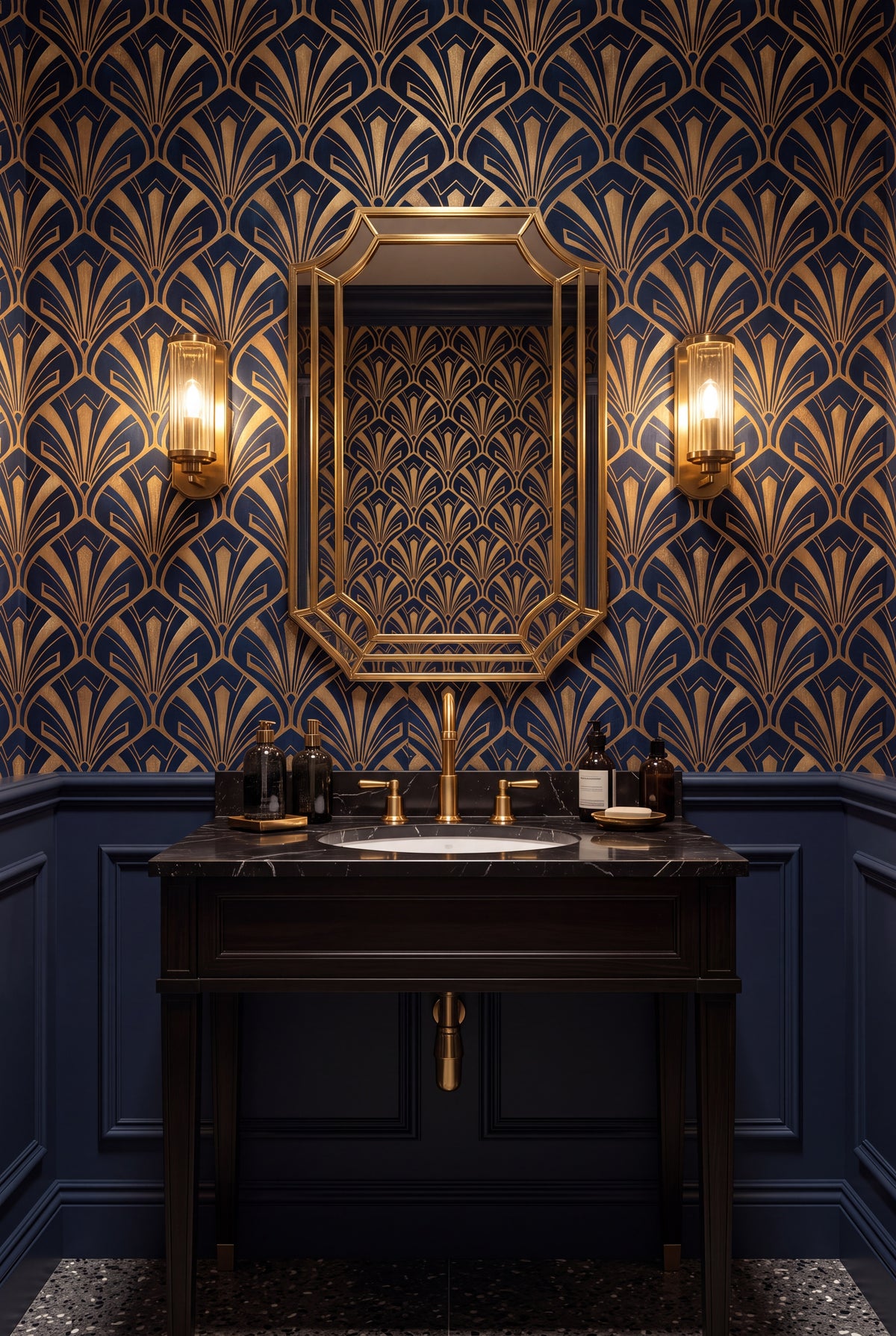 Midnight Plume wallpaper shown in a powder room