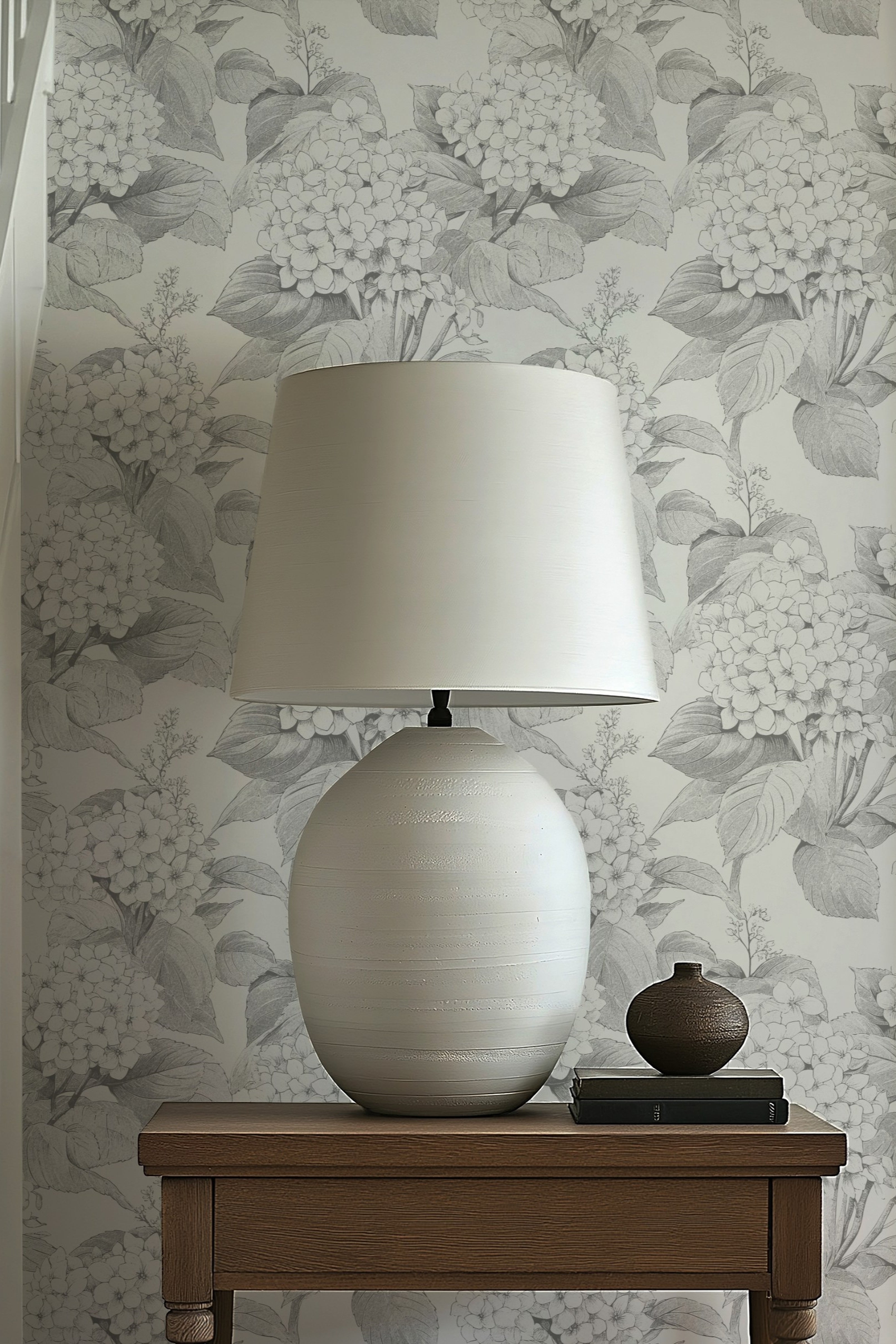 Ink Hydrangea wallpaper shown in a bedroom