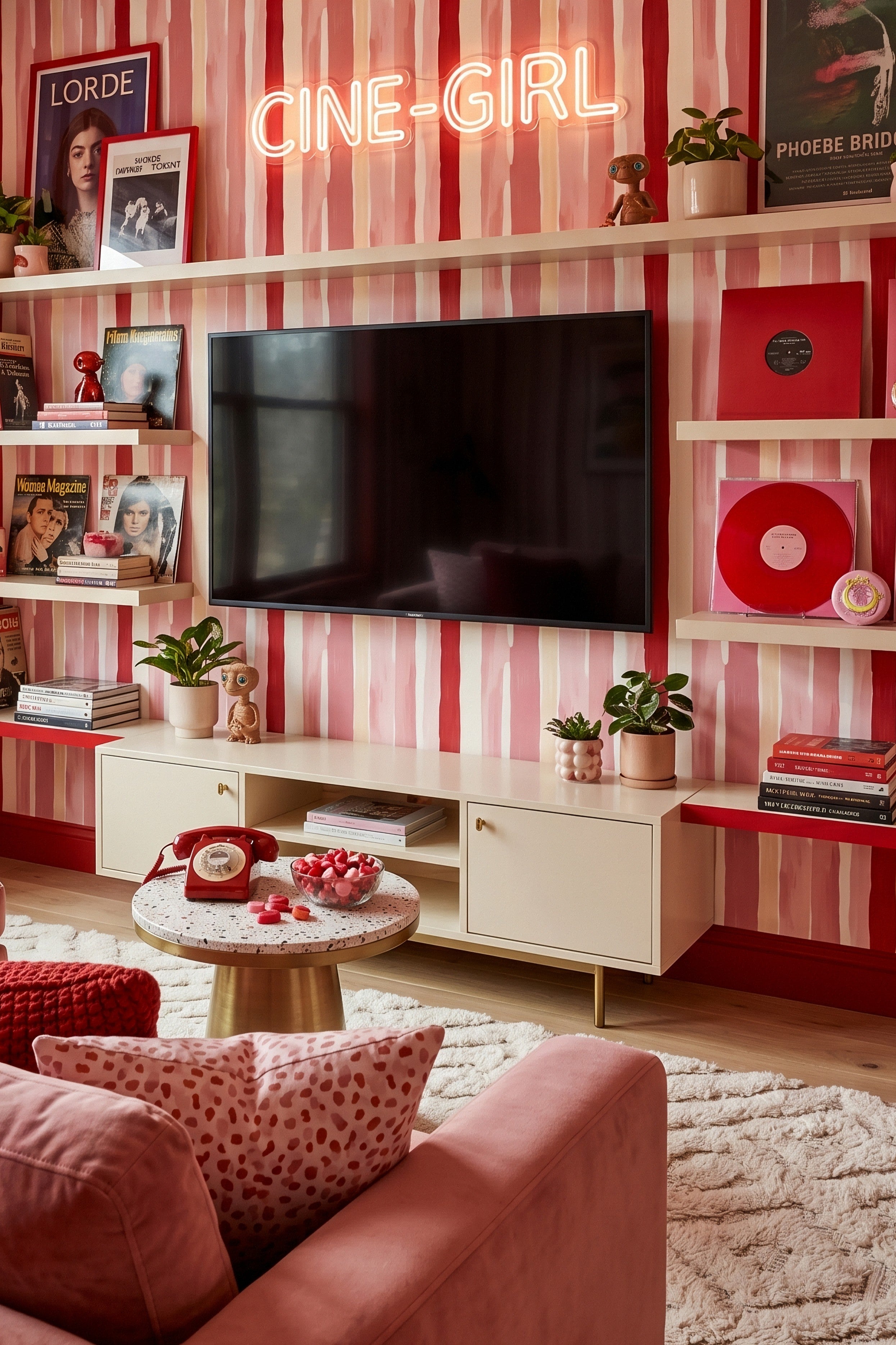 Taffy Stripe wallpaper shown in a media room