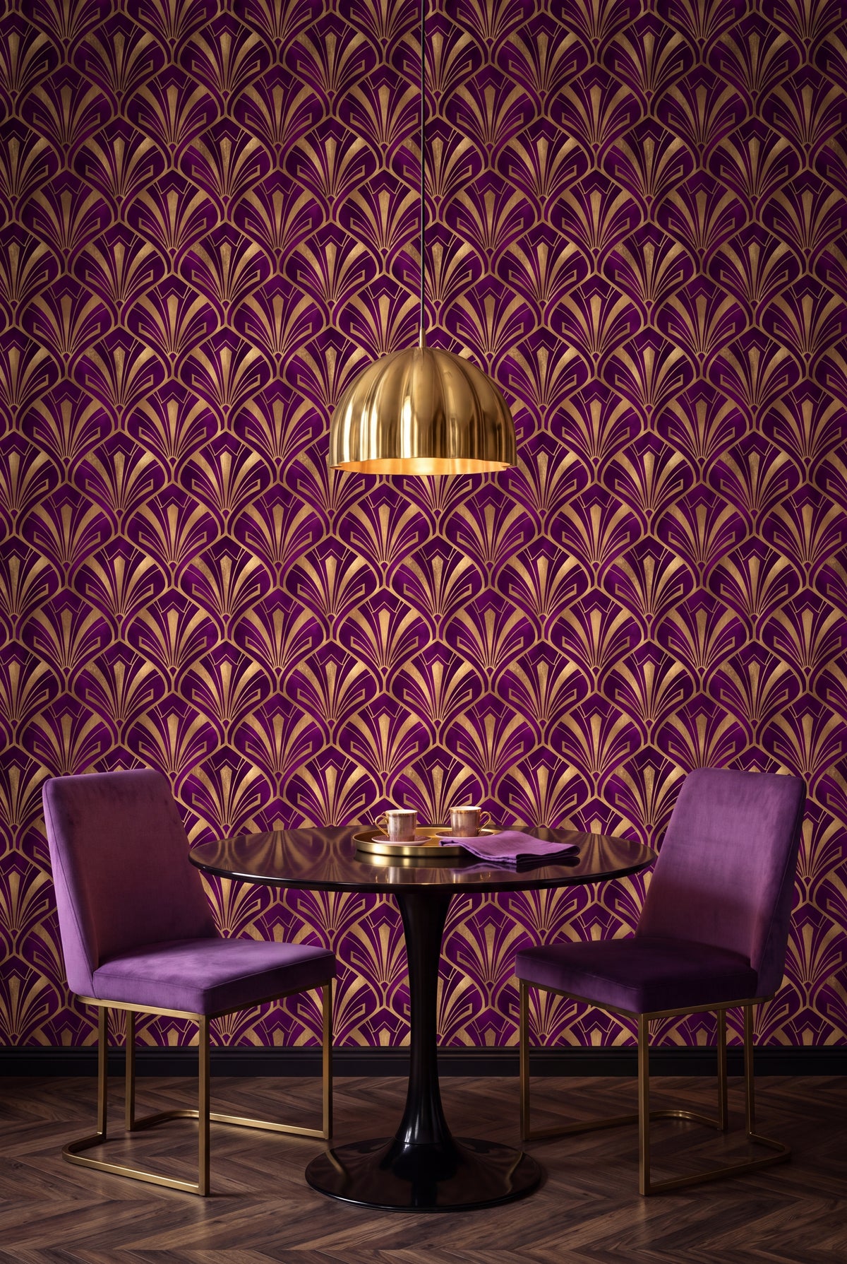 Orchid Plume wallpaper shown in a kitchen breakfast nook