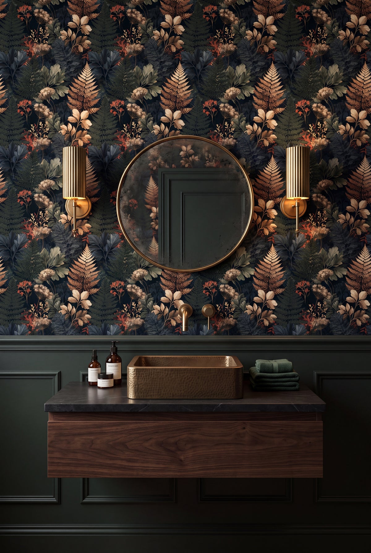 Blush Fernery wallpaper shown in a powder room