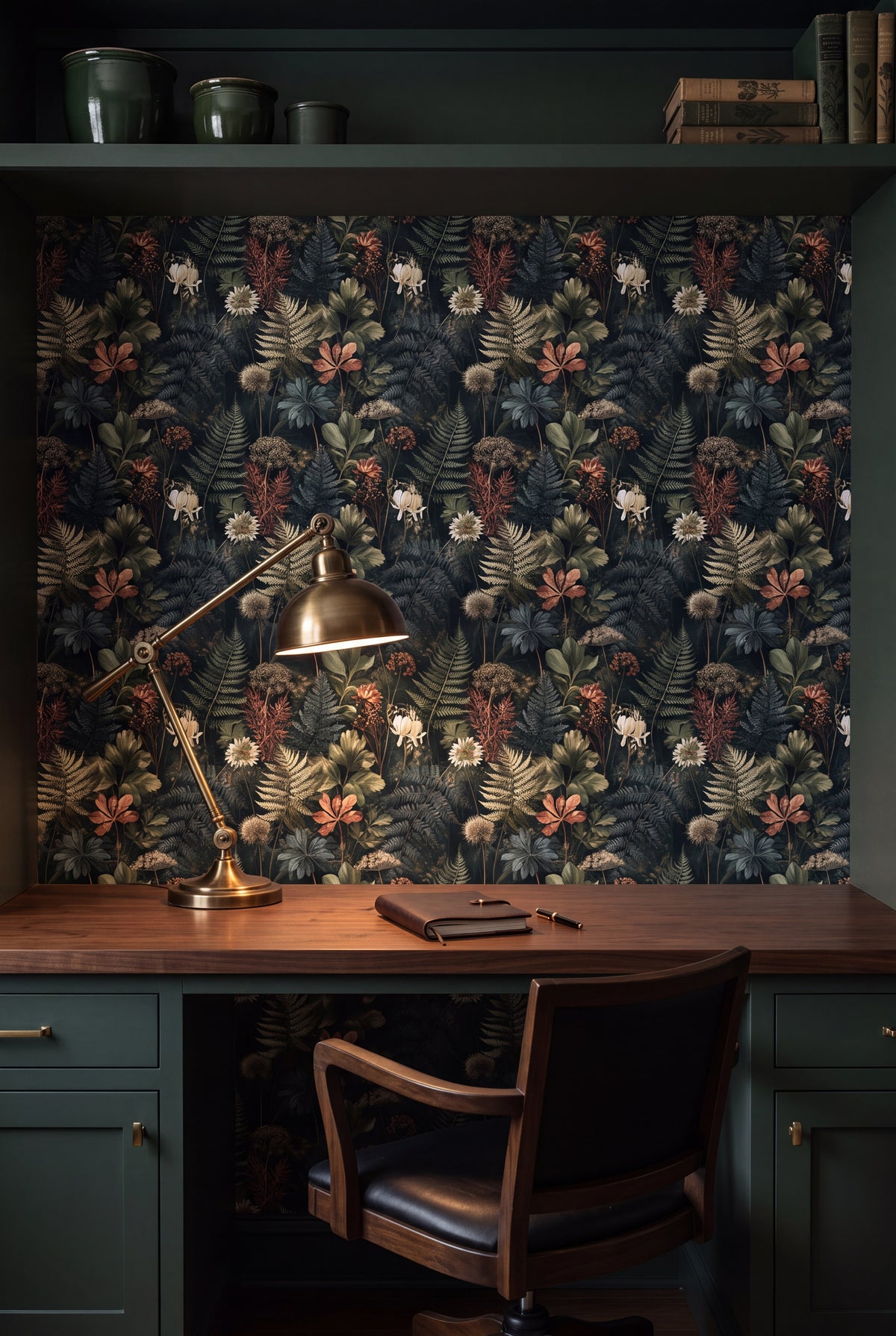 Moonlit Fernery wallpaper shown in a home office