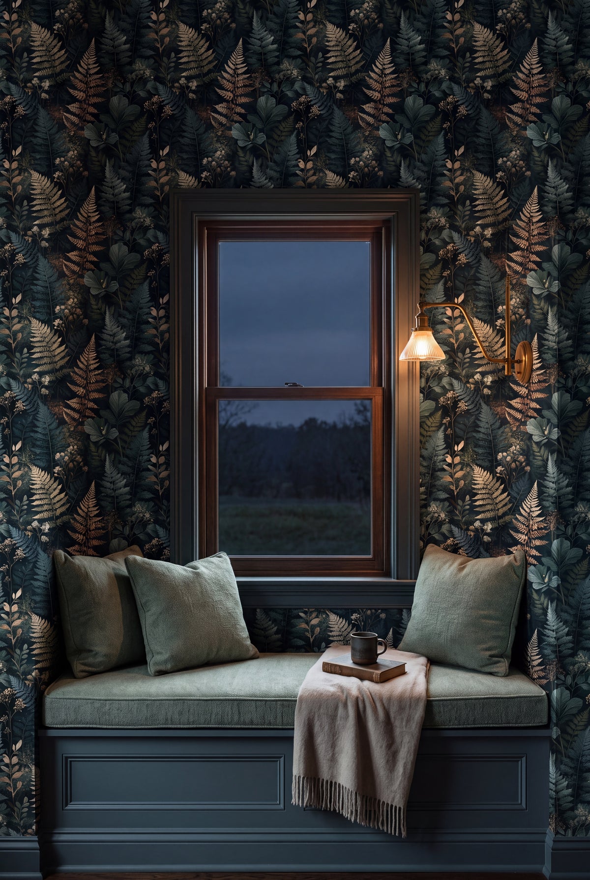 Frosted Fernery wallpaper shown in a window seat alcove