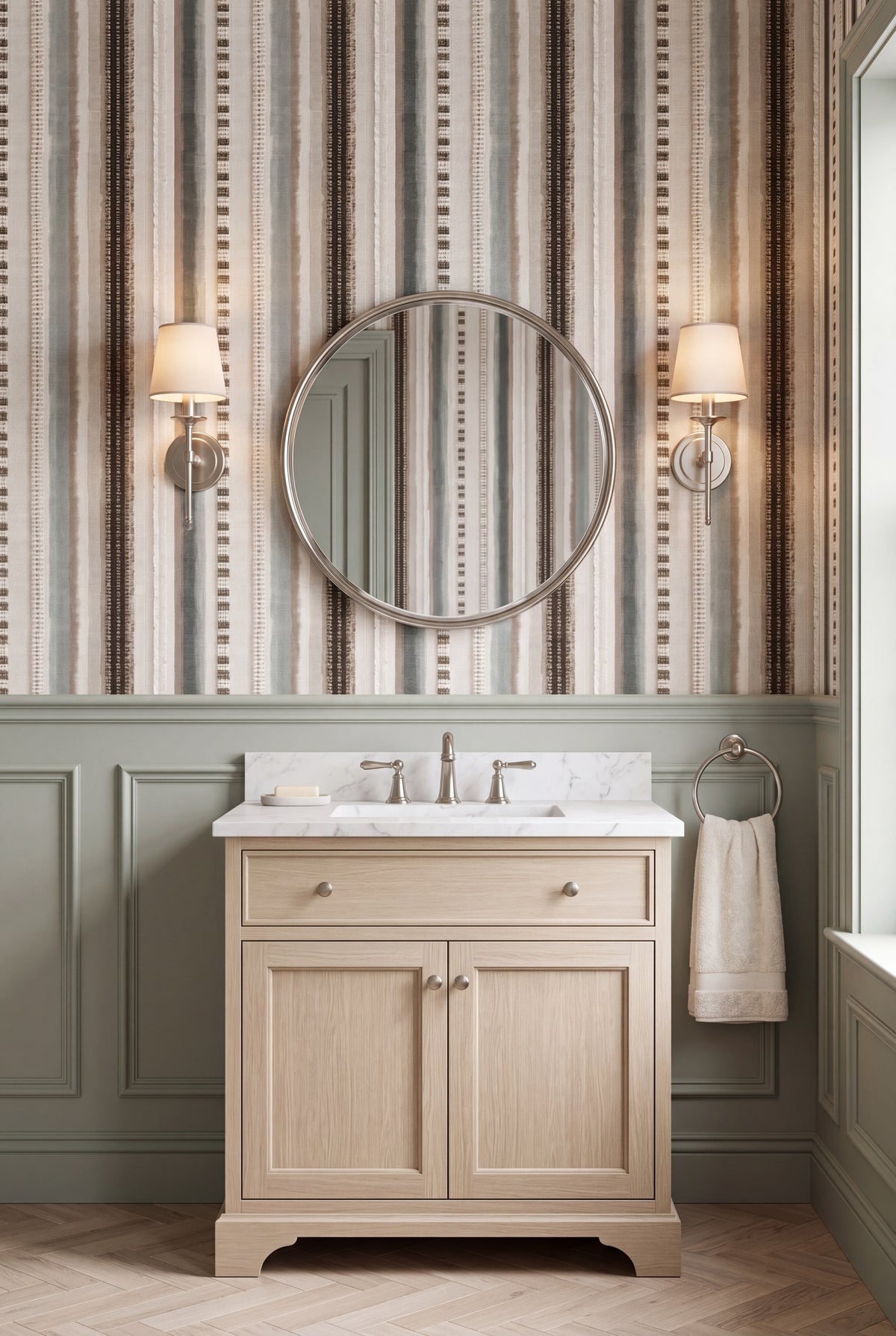 Sage Ticking wallpaper shown in a powder room