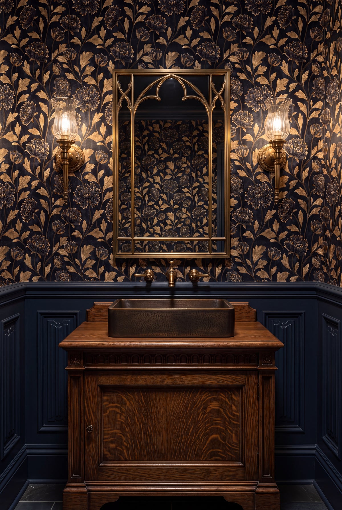 Thistle Nocturne wallpaper shown in a powder room