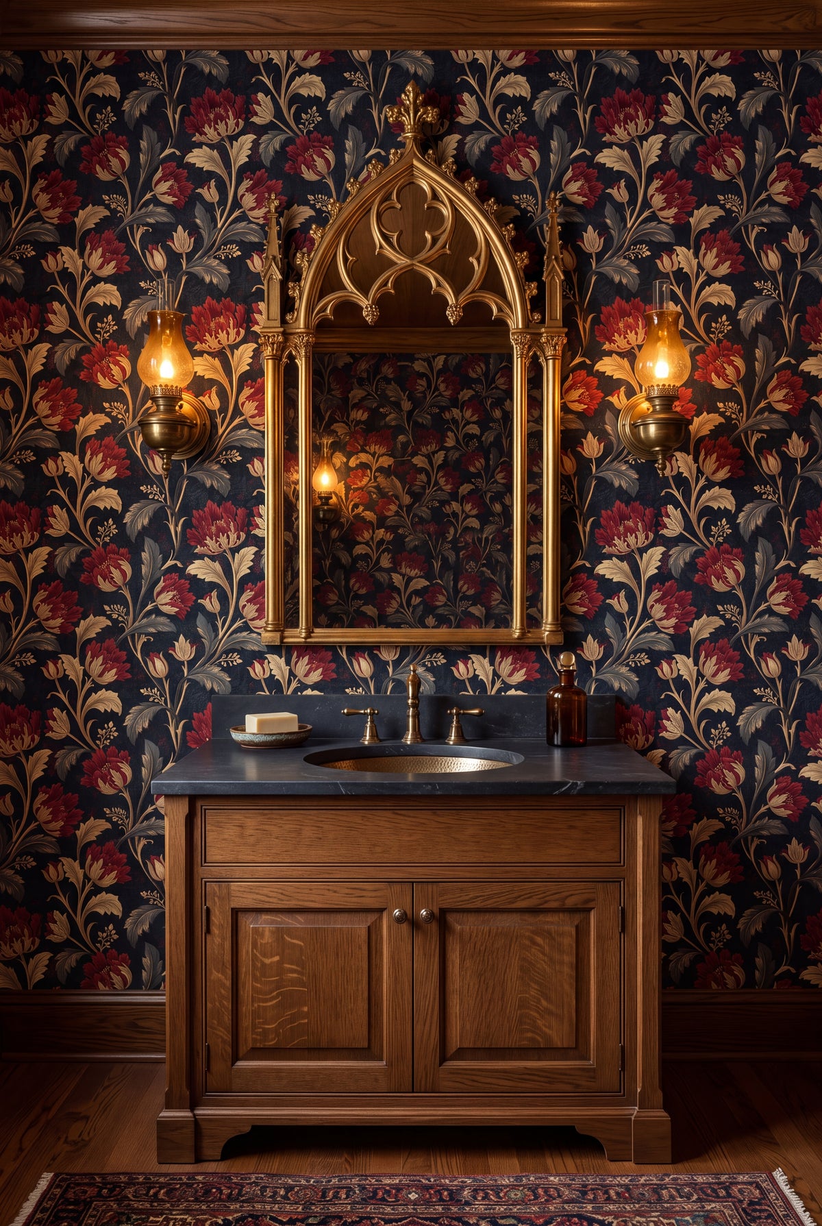 Crimson Abbey wallpaper shown in a powder room