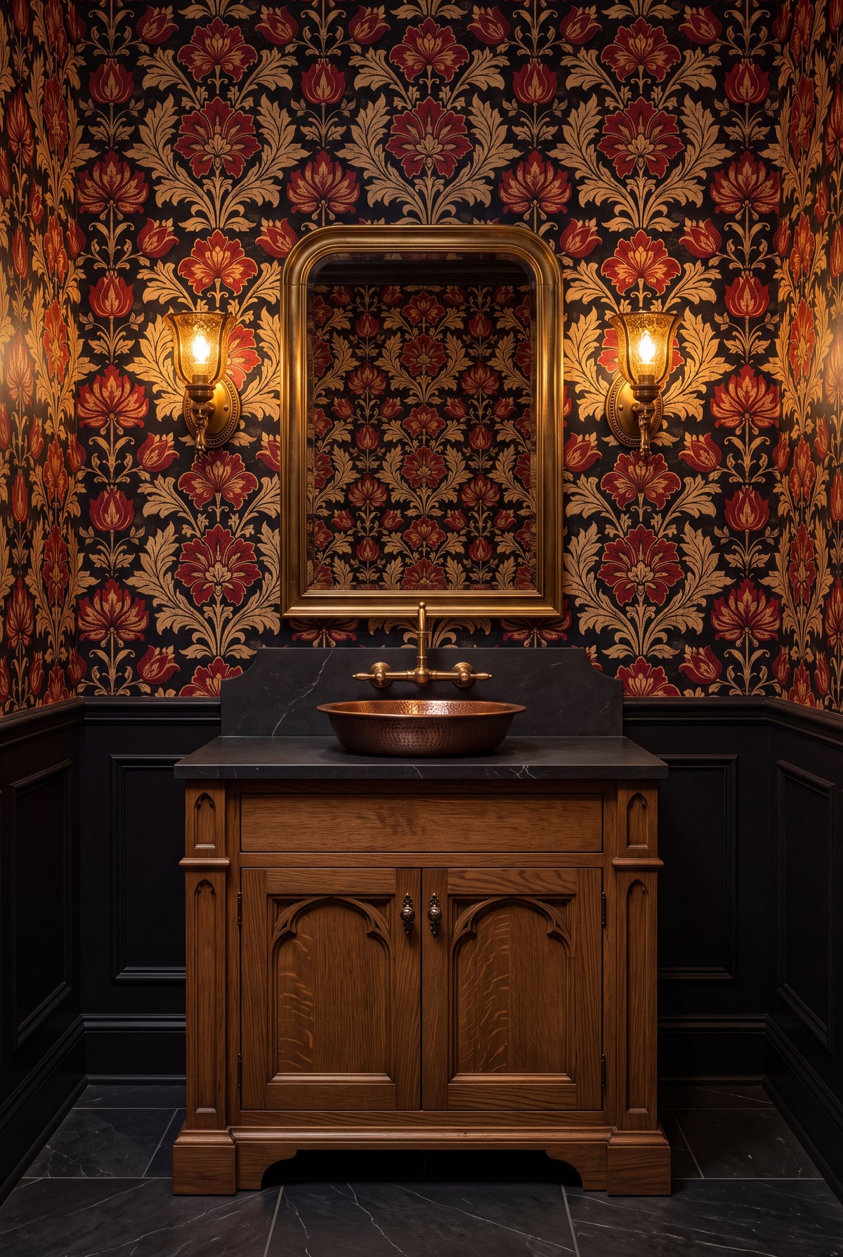 Scarlet Reliquary wallpaper shown in a powder room