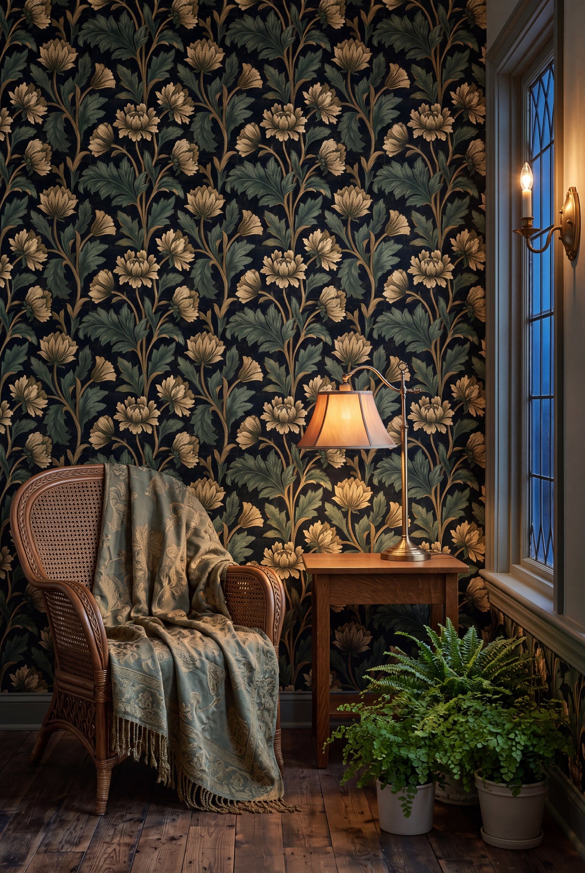 Chapel Green wallpaper shown in a sunroom