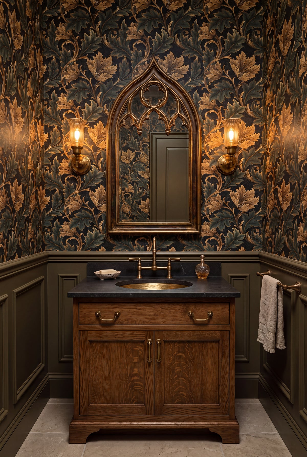 Verdant Choir wallpaper shown in a powder room