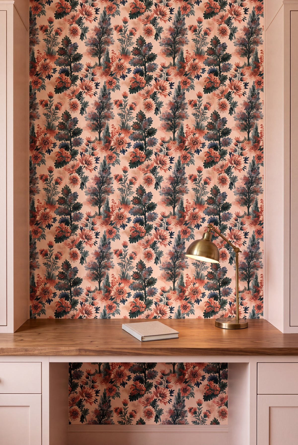 Peach Arbor wallpaper shown in a home office