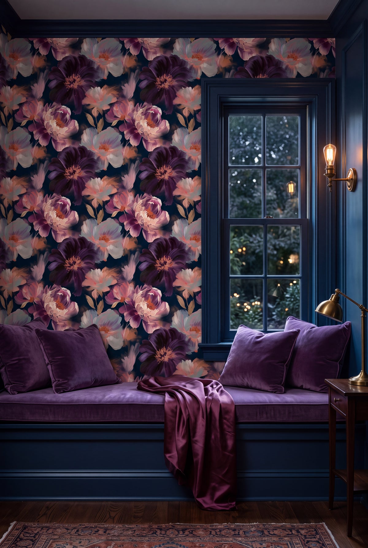 Violet Peony wallpaper shown in a window seat alcove