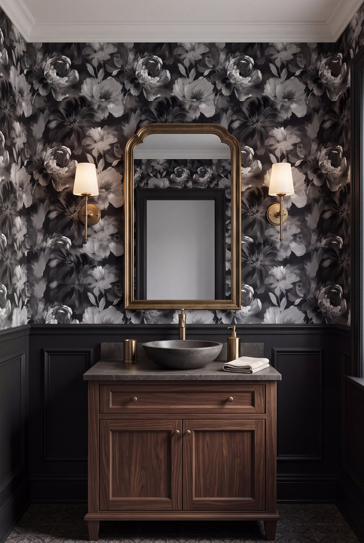 Ink Peony wallpaper shown in a powder room