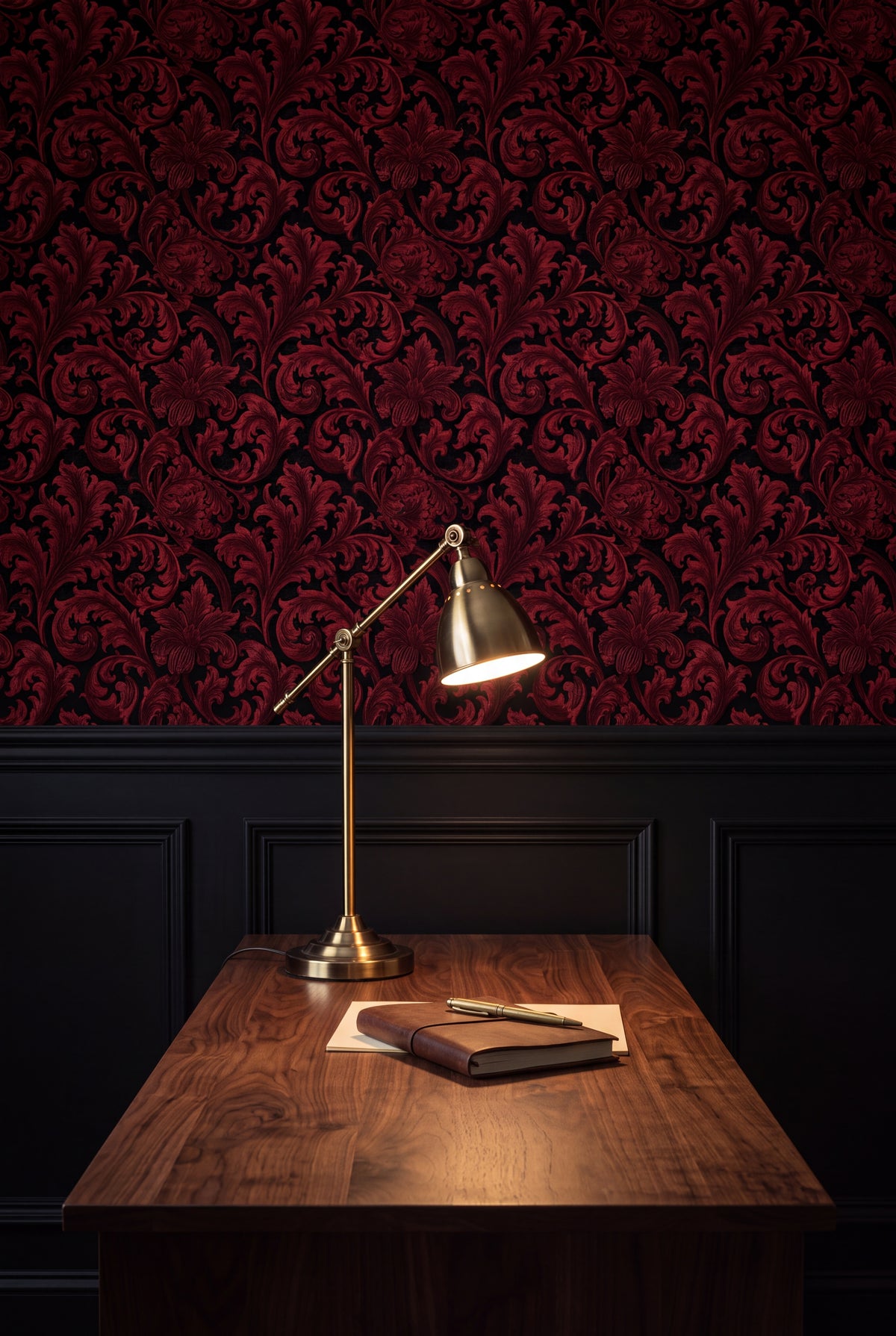 Claret Acanthus wallpaper shown in a home office