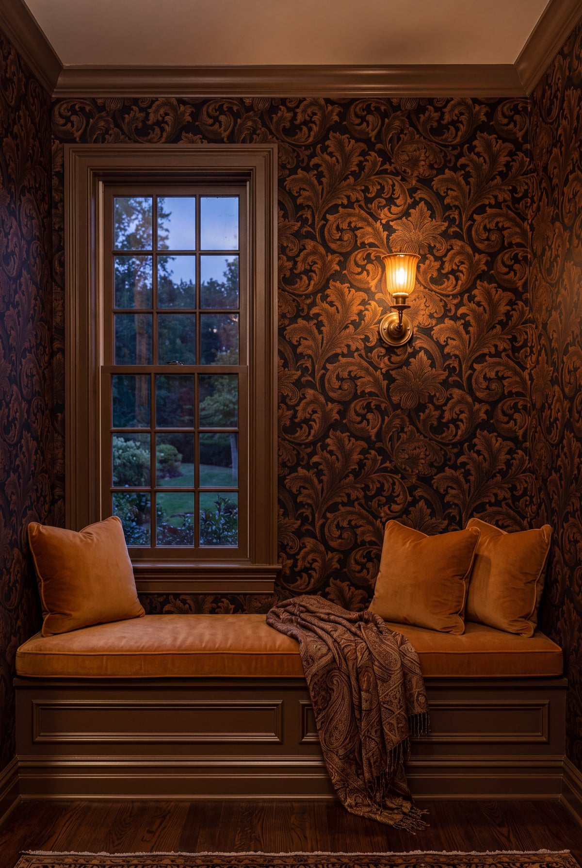 Amber Acanthus wallpaper shown in a window seat alcove