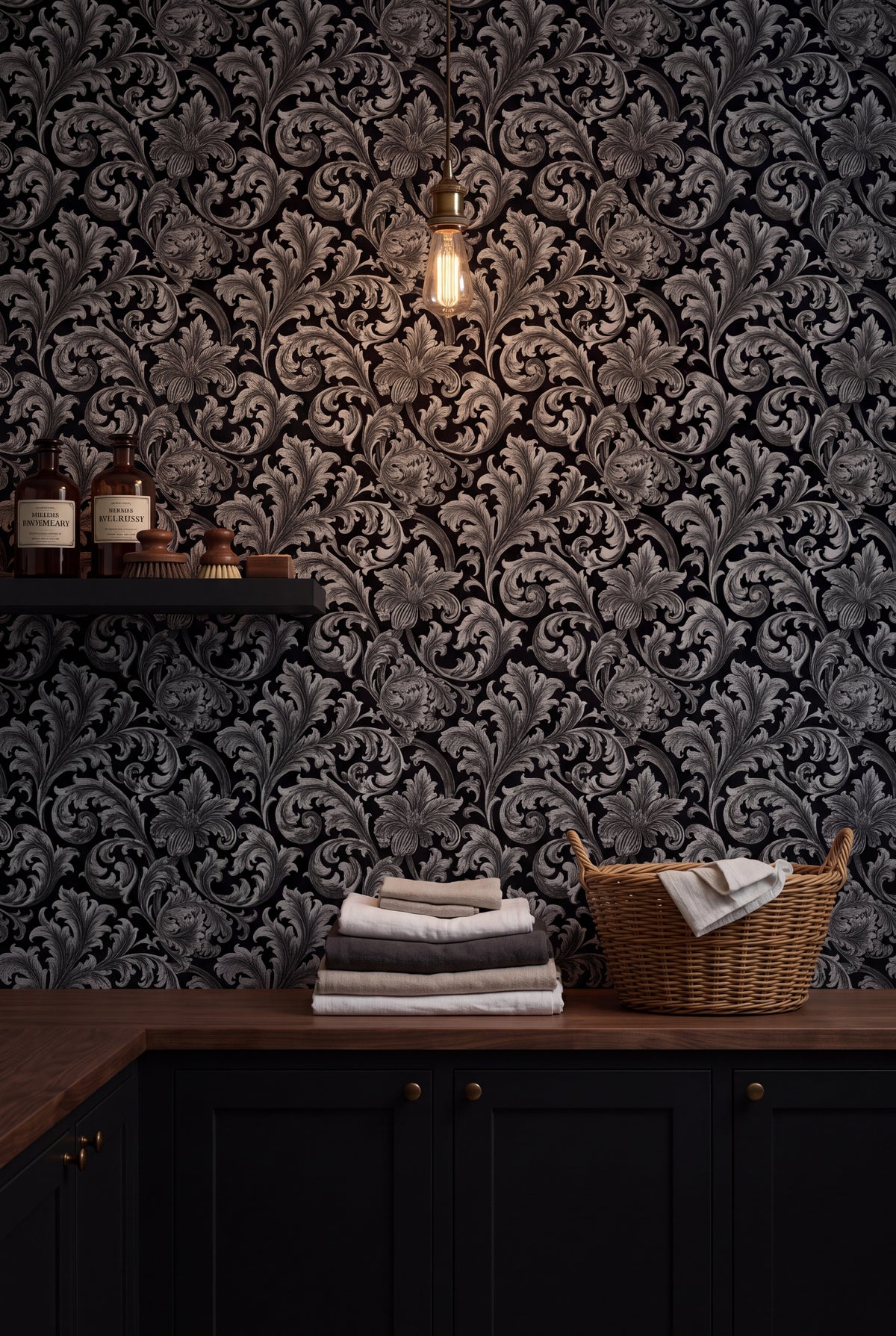 Silver Acanthus wallpaper shown in a laundry room