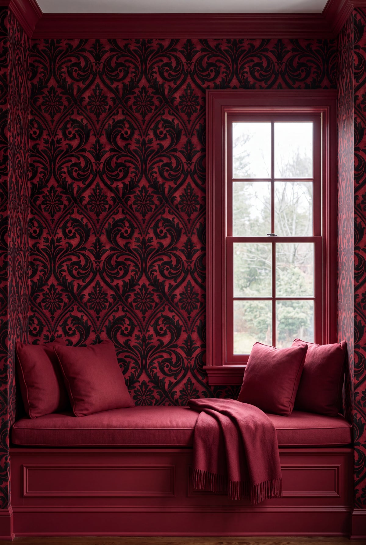 Ruby Silhouette wallpaper shown in a window seat alcove