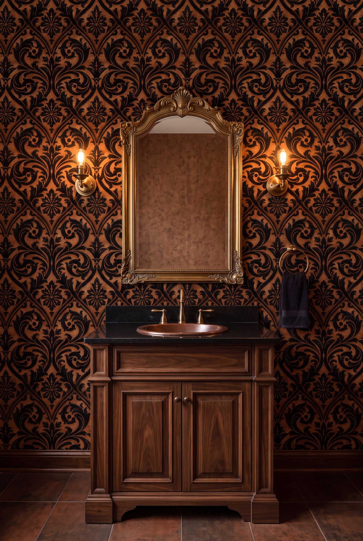 Amber Silhouette wallpaper shown in a powder room