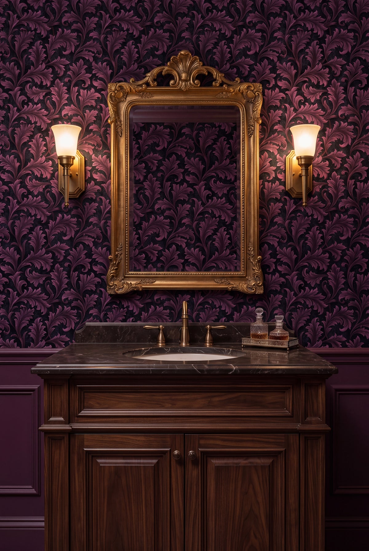 Plum Frond wallpaper shown in a powder room